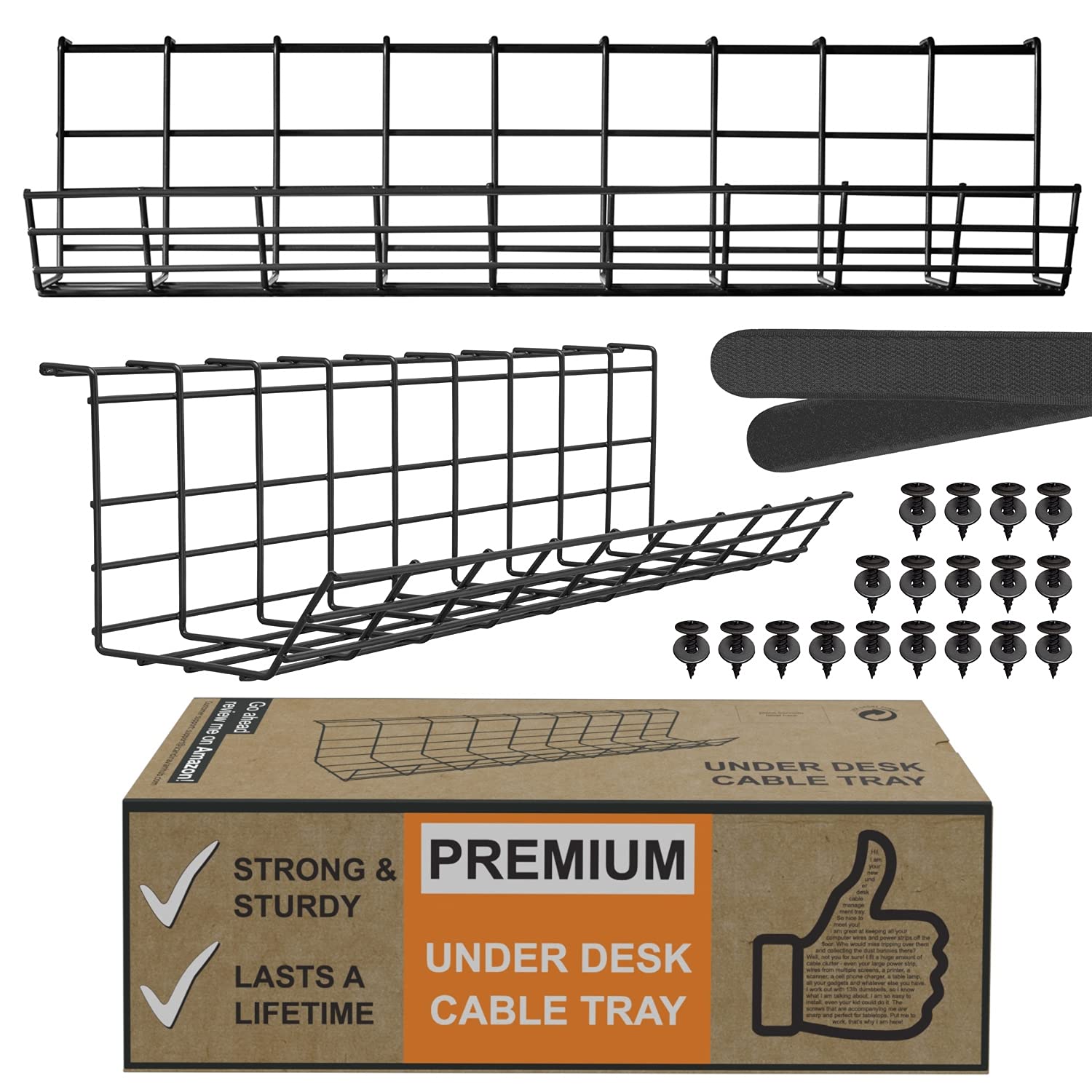 Under Desk Cable Management Tray - Black Cord Organizer for Desk with Wire Holders - Set of 2 (17 Inch) - Perfect for Home Office, Gaming Setup & Workspace Organization