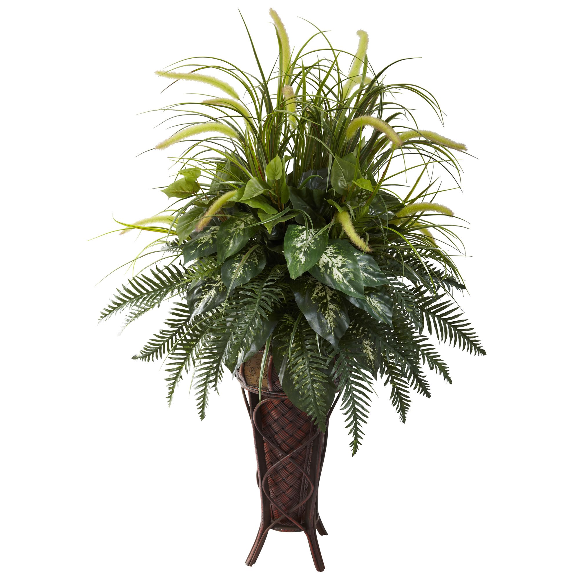 Nearly Natural 6725 Mixed Greens & Cattails Artificial Plant with Stand Planter - 34