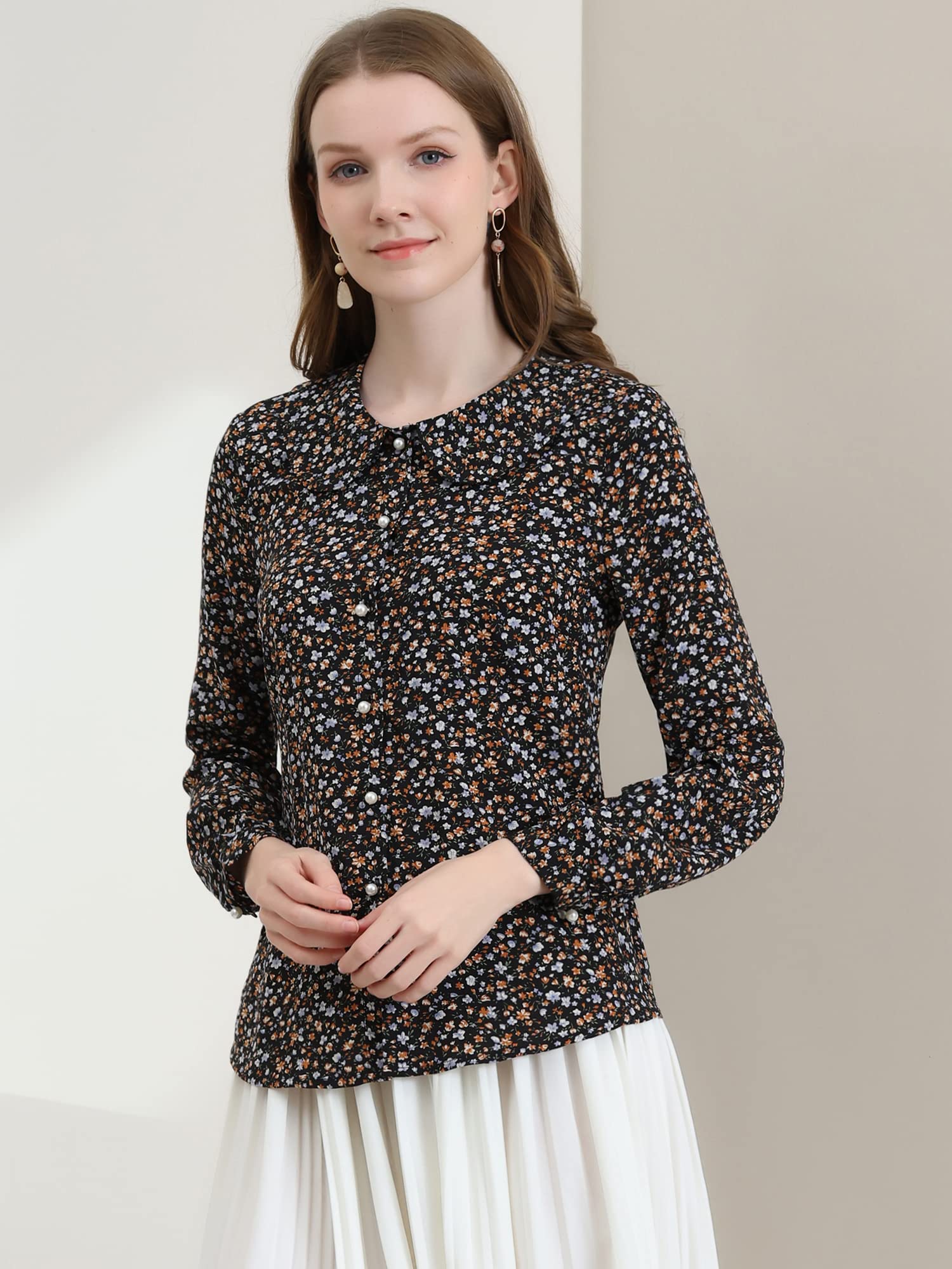 Allegra K Women's Floral Print Peter Pan Collar Casual Button Down Shirt - Perfect for Office Wear, Spring Outfits & Everyday Fashion
