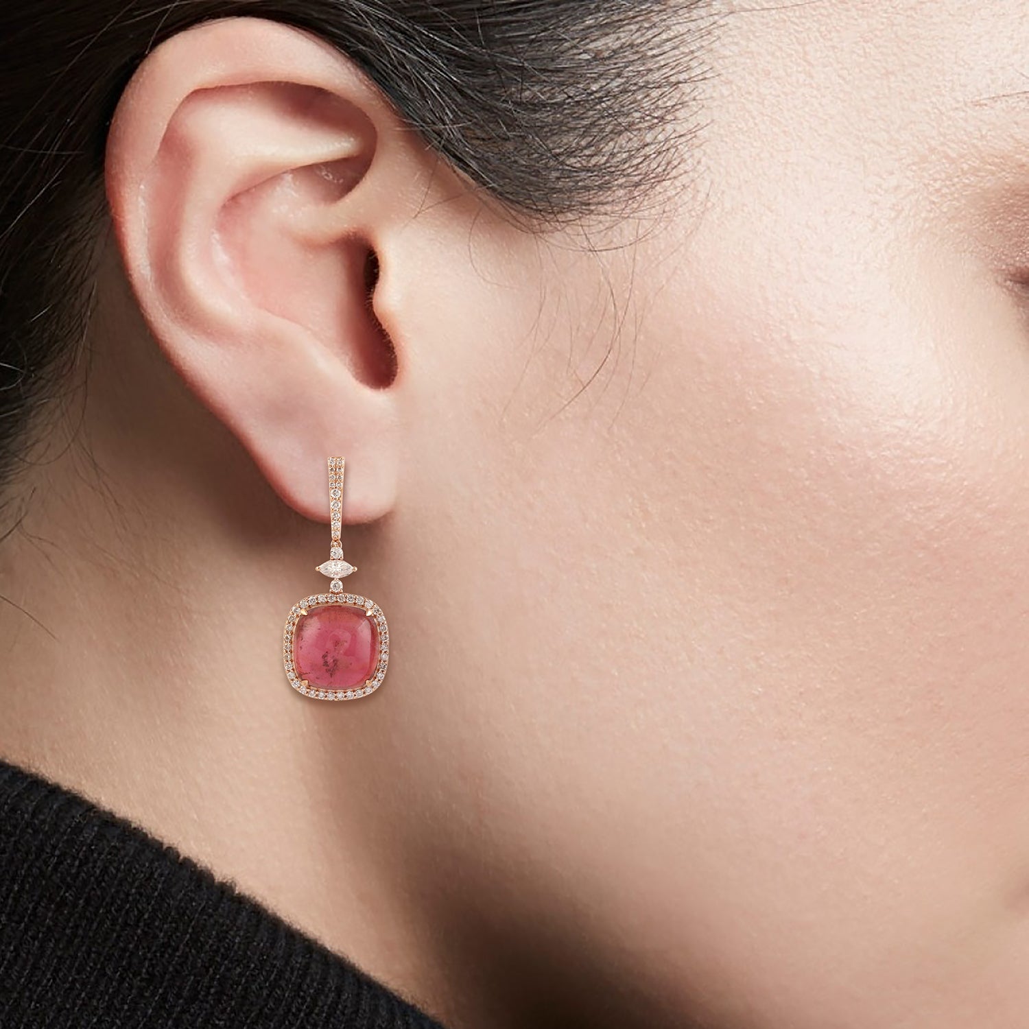 18k Rose Gold Pink Tourmaline and Diamond Drop Dangle Earrings - Elegant Cabochon Gemstone Jewelry for Women, Perfect for Weddings, Parties & Special Occasions