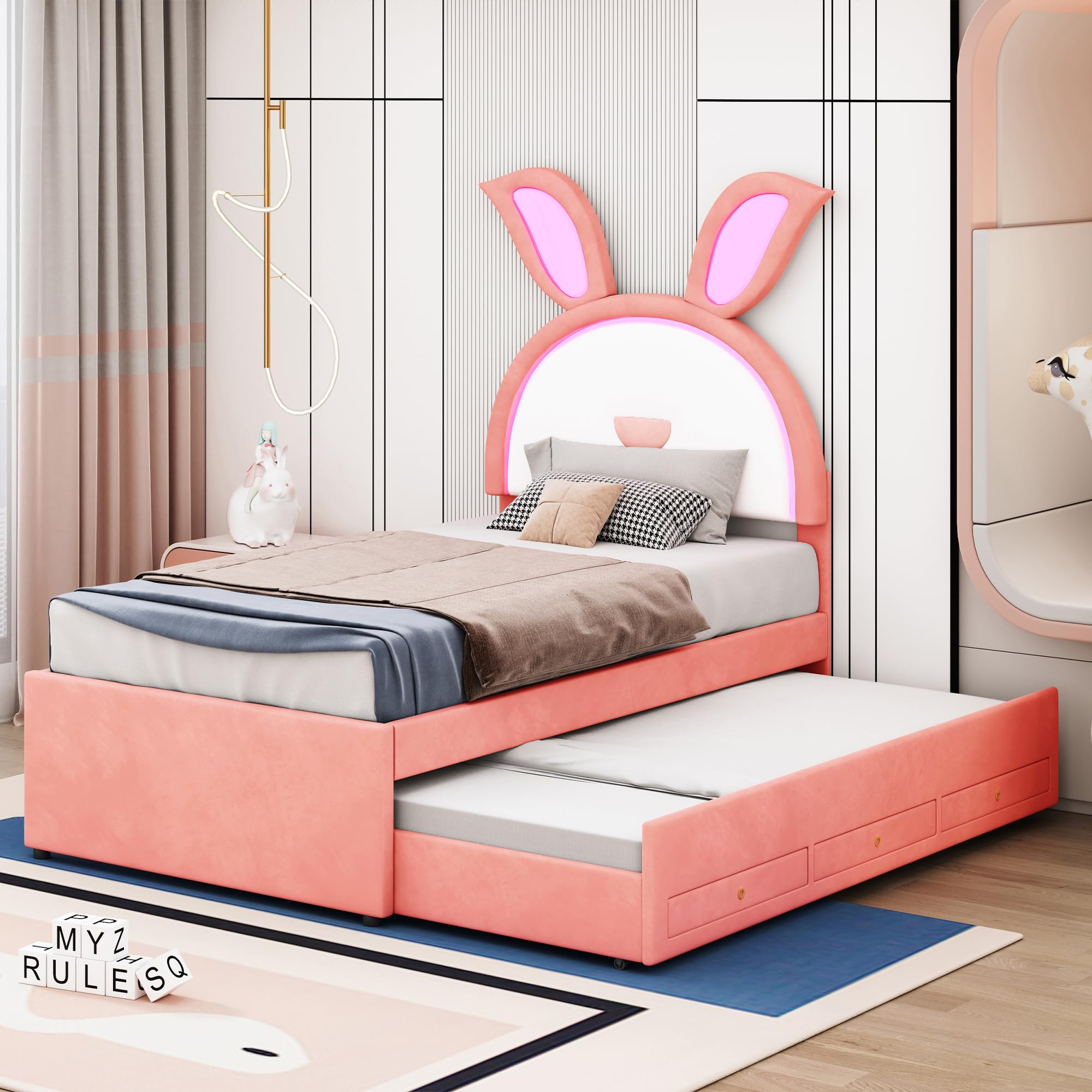 P PURLOVE Twin Size Wooden Platform Bed Frame with Rabbit-Shaped Headboard - Upholstered Bed with Trundle, 3 Storage Drawers & LED Lights - No Box Spring Required - Easy Assembly - Pink - Perfect for Kids Rooms, Teen Bedrooms & Nursery Decor
