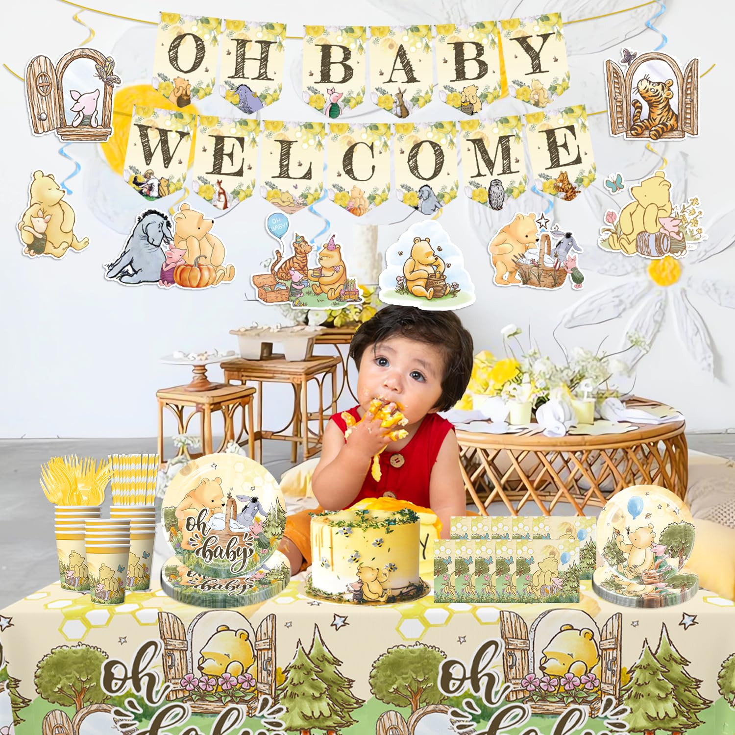 150pcs Classic Pooh Baby Shower Decorations Set - Bear-Themed Plates, Napkins & Banner for Boys & Girls - Perfect for Newborn Celebrations, Baby Showers & Nursery Decor