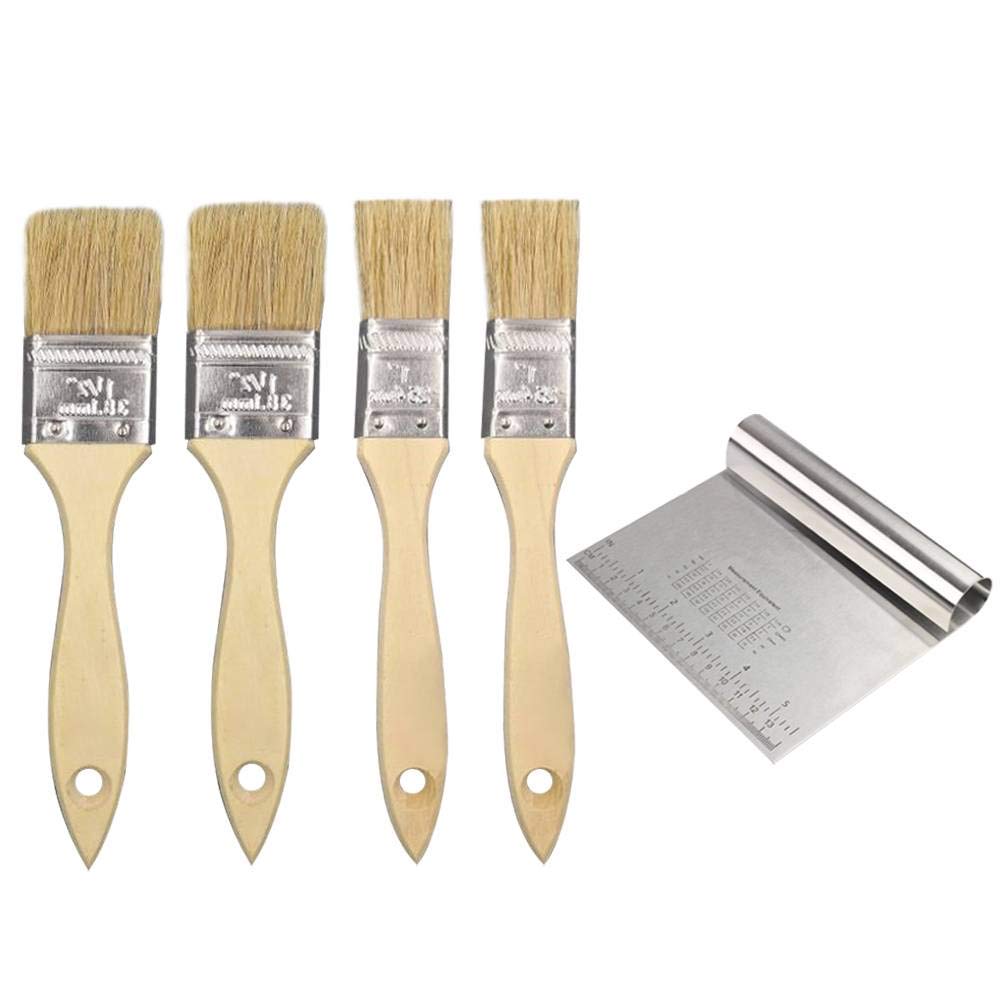Premium Pastry Brush & Dough Scraper Set - Natural Boar Bristle Basting Brush with Stainless Steel Bench Scraper for Baking, BBQ, Cooking - Perfect for Pastry Making, Cake Decorating & Kitchen Prep (4-Piece Set)