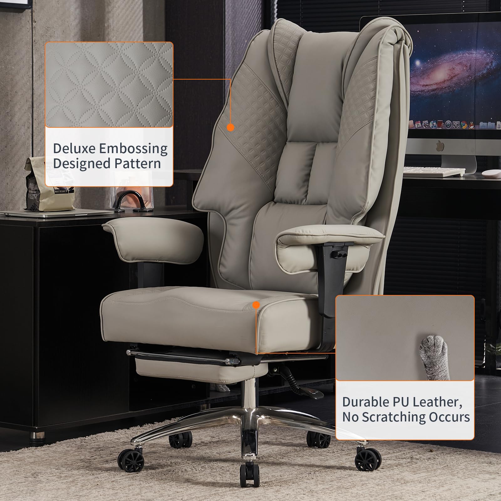 Big and Tall Office Chair 400lbs Capacity - Wide Seat Leather Executive Chair with Adjustable Footrest & Lumbar Support - Ergonomic High Back Desk Chair for Back Pain Relief - Light Grey - Perfect for Home Office, Gaming, and Professional Workspaces