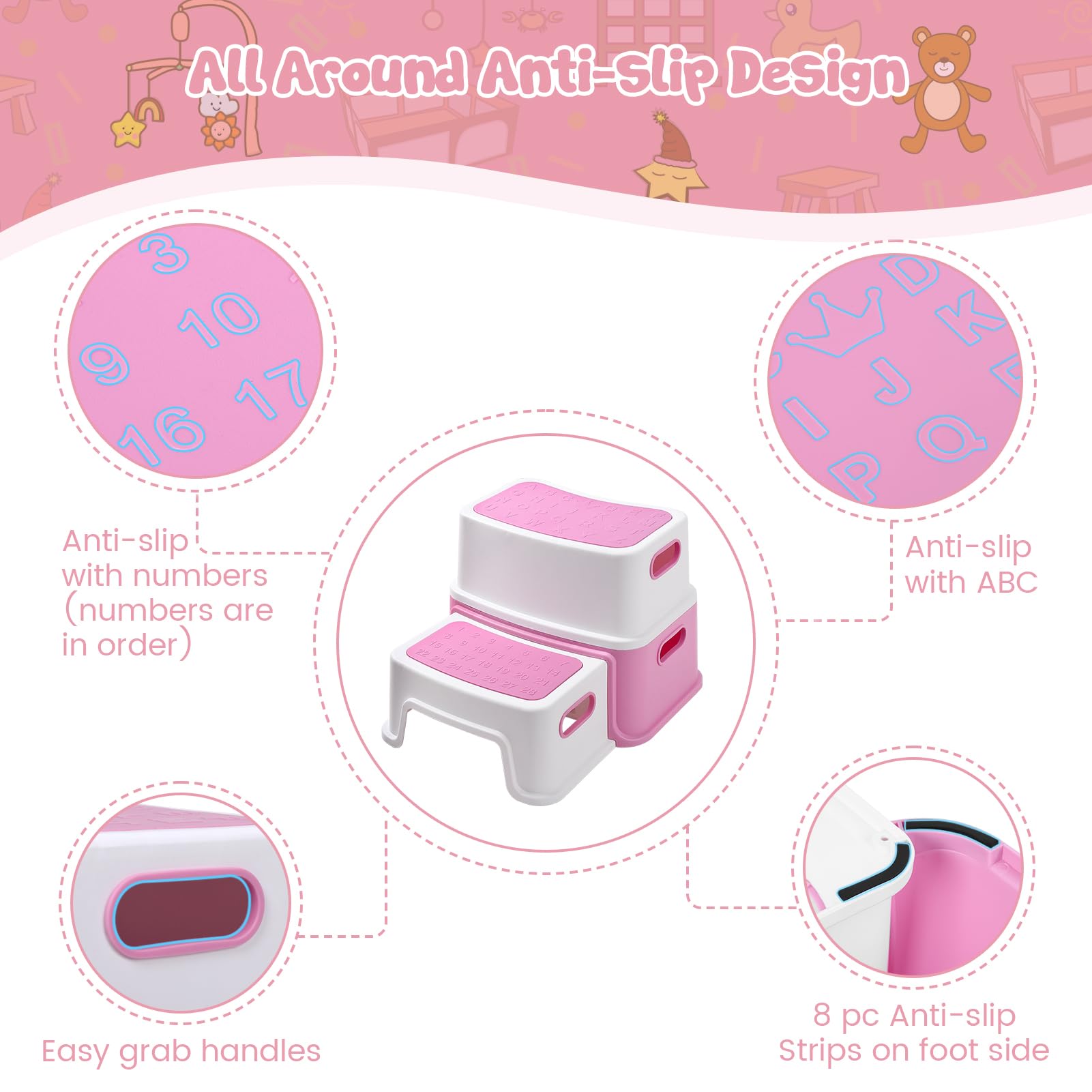 GARVEE 2-Step Toddler Stool for Potty Training & Bathroom Use - Non-Slip Kids Step Stool with ABC/Numbers - Perfect for Toilet Training, Kitchen & Bathroom Safety (Pink)