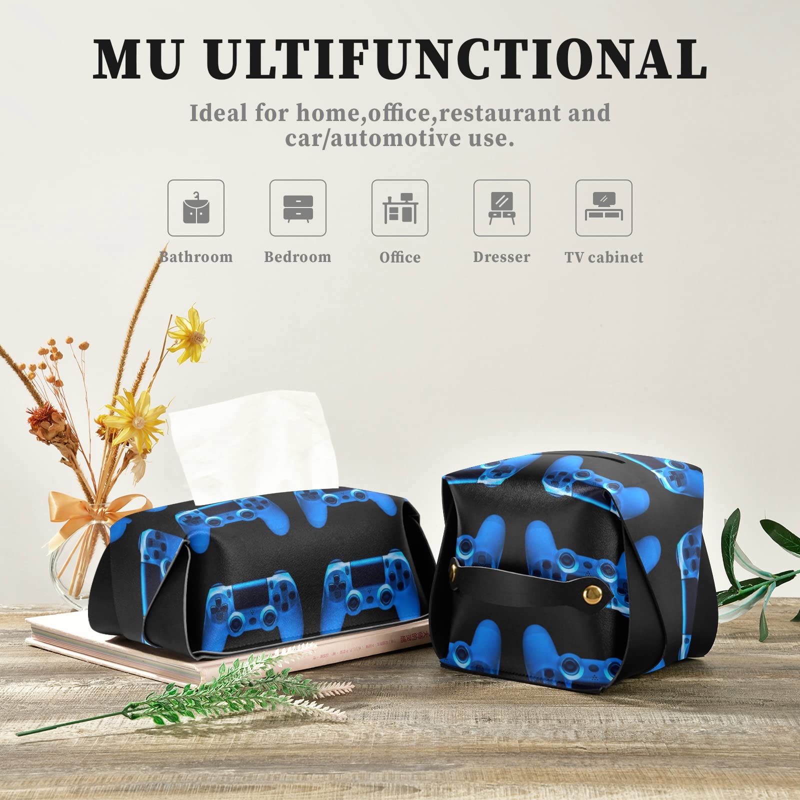 Blue Neon Light Video Game Joystick Shaped Leather Tissue Box Cover - 5.7x5.7x5.7 Inch with Handle for Bathroom, Home, Office & Car - Perfect for Gaming Rooms, Nightstands and Vanity Countertops