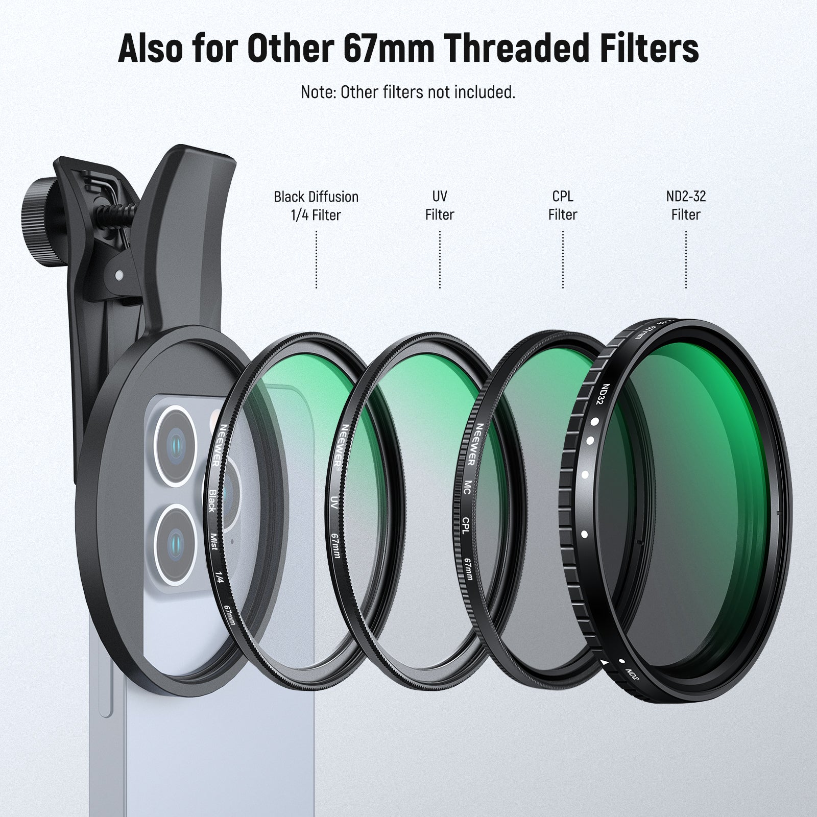 NEEWER 2-in-1 67mm Clip-On CPL & Black Mist Diffusion 1/4 Filter for Smartphone Camera - Enhance Photos & Videos for Social Media, Vlogging, and Professional Photography