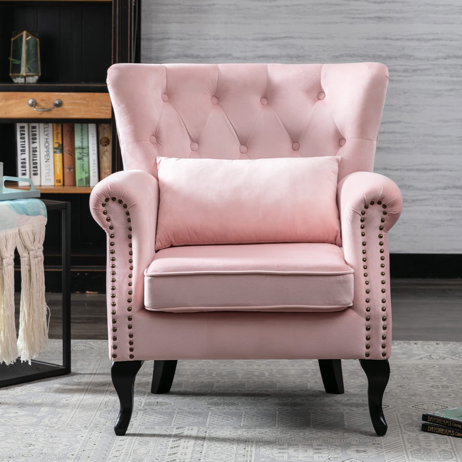 Mid-Century Modern Accent Chairs Set of 2 - Velvet Tufted Wingback Armchairs with Pillows for Living Room, Bedroom, Lounge (Pink) | Stylish & Comfortable Seating for Home Decor & Relaxation