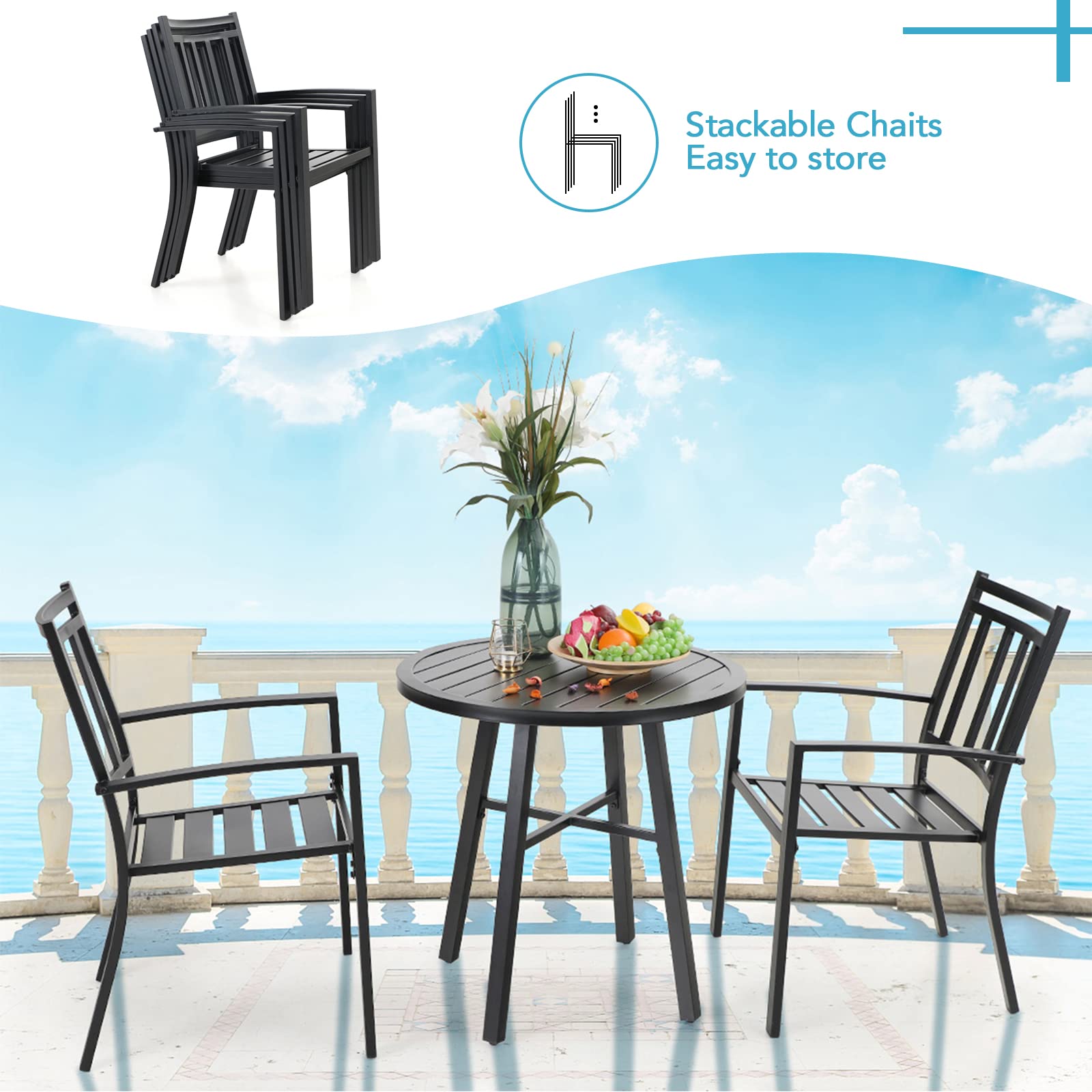 PHI VILLA 7-Piece Outdoor Dining Set - Metal Rectangle Table & 6 Stackable Bistro Chairs for Patio, Backyard, Garden - Perfect for BBQs, Poolside Gatherings & Outdoor Entertaining