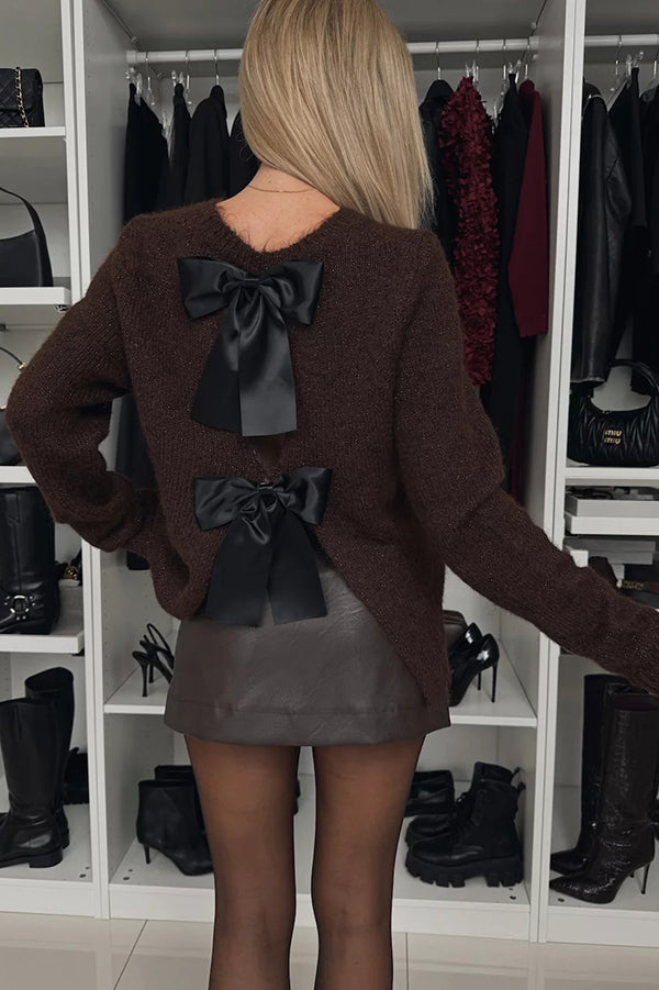 Unique Choice Knit Back Satin Bow Detail Relaxed Sweater - Women's Casual Pullover for Fall & Winter | Perfect for Office, Date Night & Weekend Outfits
