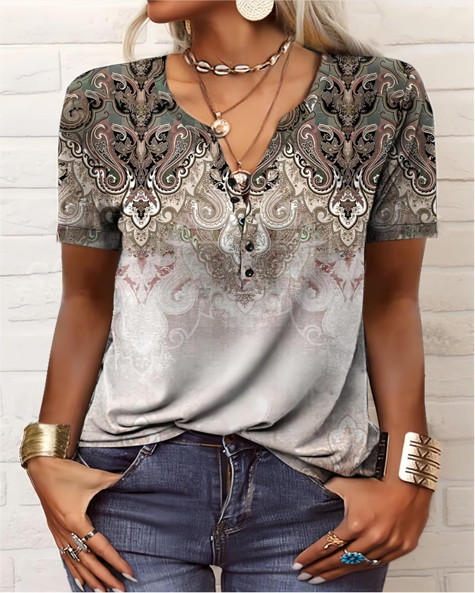 2024 Trendy Boho Summer Tops for Women - Floral Print V Neck Short Sleeve Blouse, Plus Size Button Up Shirts | Perfect for Beach Vacations, Music Festivals & Casual Outings