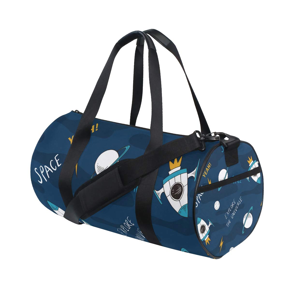 VIKKO Cartoon Doodle Space Rockets Planets Stars Gym Duffel Bag - Large Canvas Travel Weekender Luggage for Men & Women - Perfect for Sports, Gym, Overnight Trips & Weekend Getaways