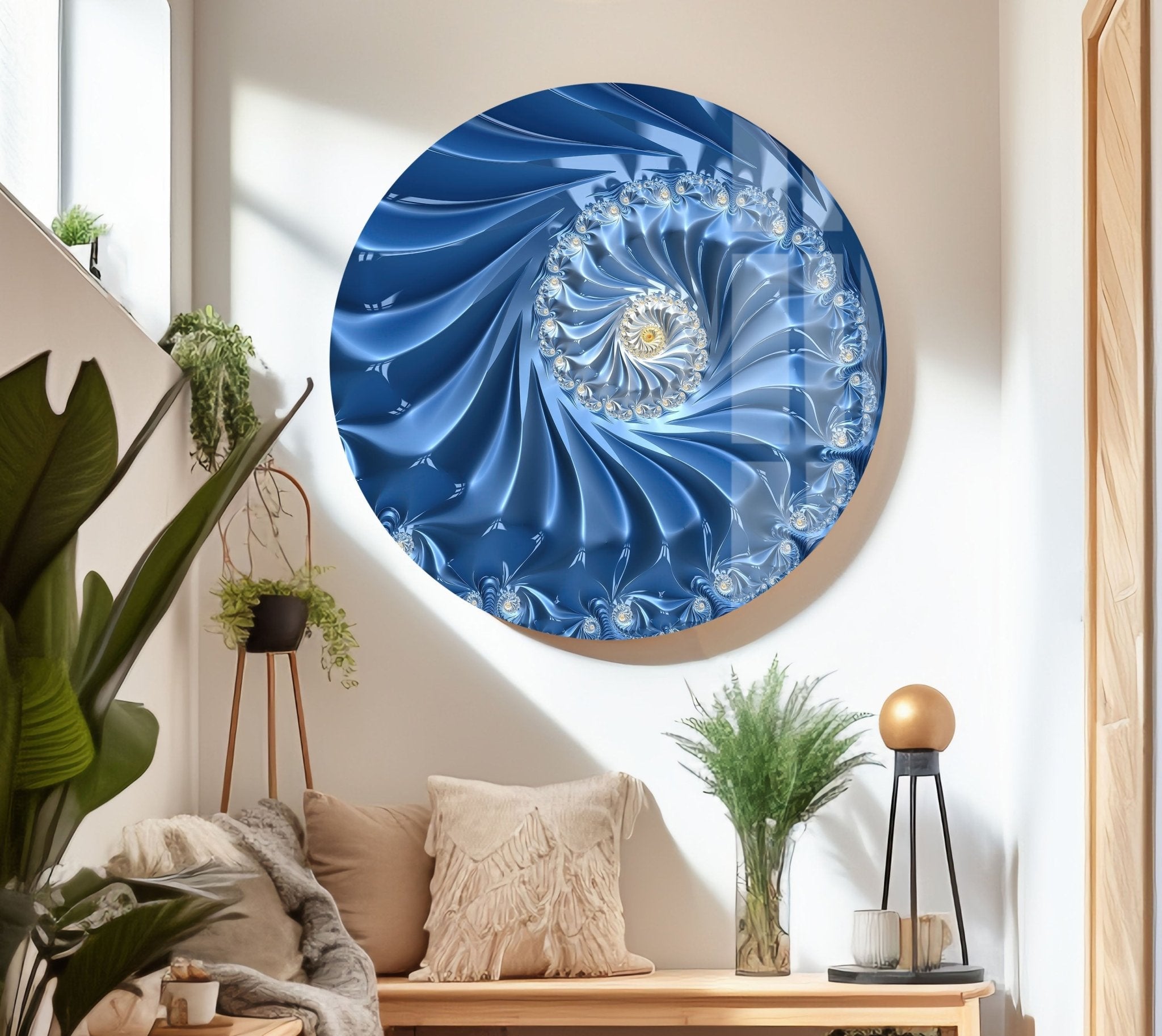 Abstract Blue Fractal Glass Wall Art - Handmade Modern Home Decor for Living Room, Bedroom & Office - Unique Swirl Design for Contemporary Interior Design
