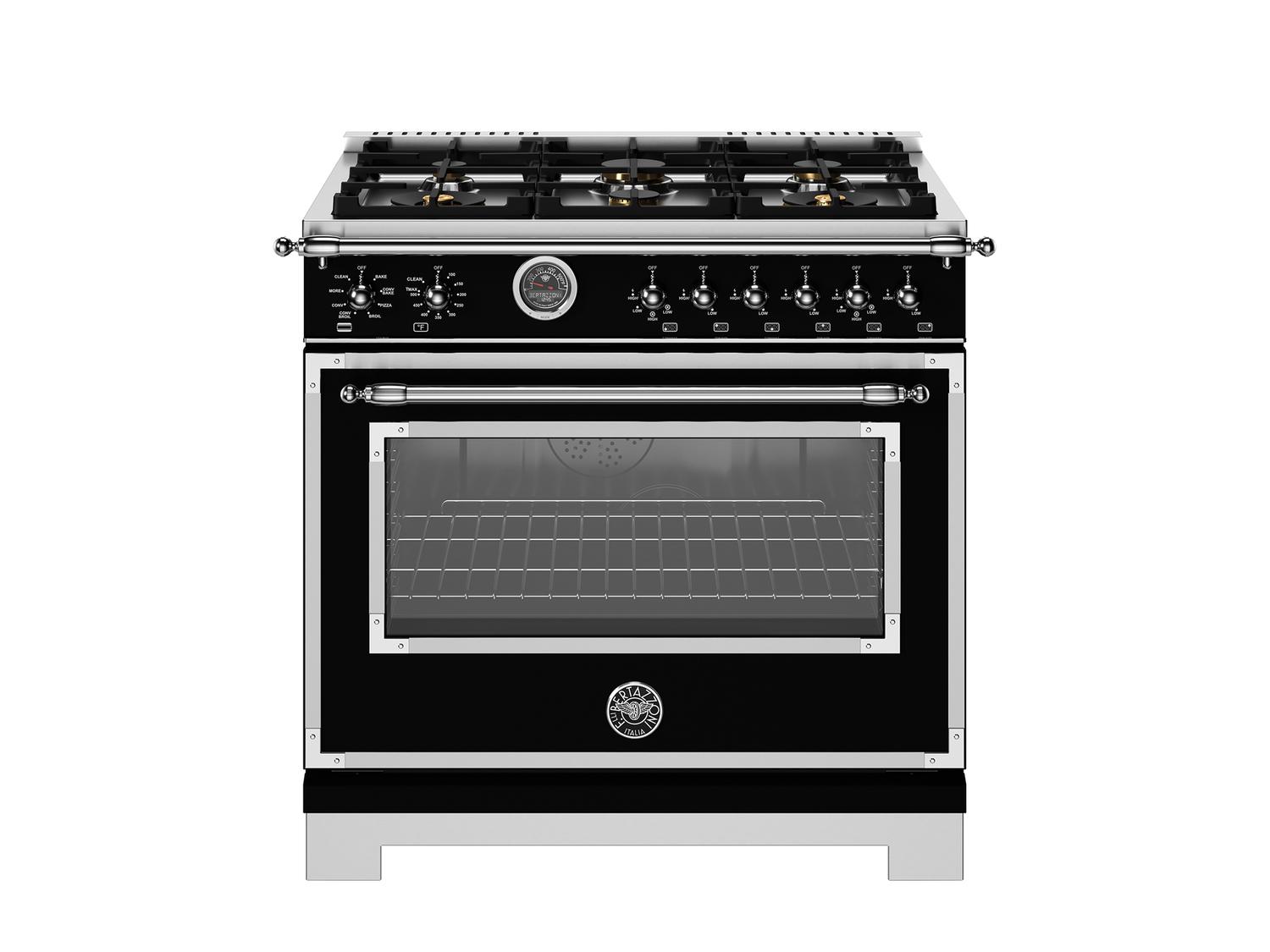 Bertazzoni HER366BCFEPNET 36 Inch Dual Fuel Range with 6 Brass Burners & Cast Iron Griddle - Electric Self-Cleaning Oven in Nero Matte Finish - Perfect for Gourmet Cooking & Large Family Kitchens