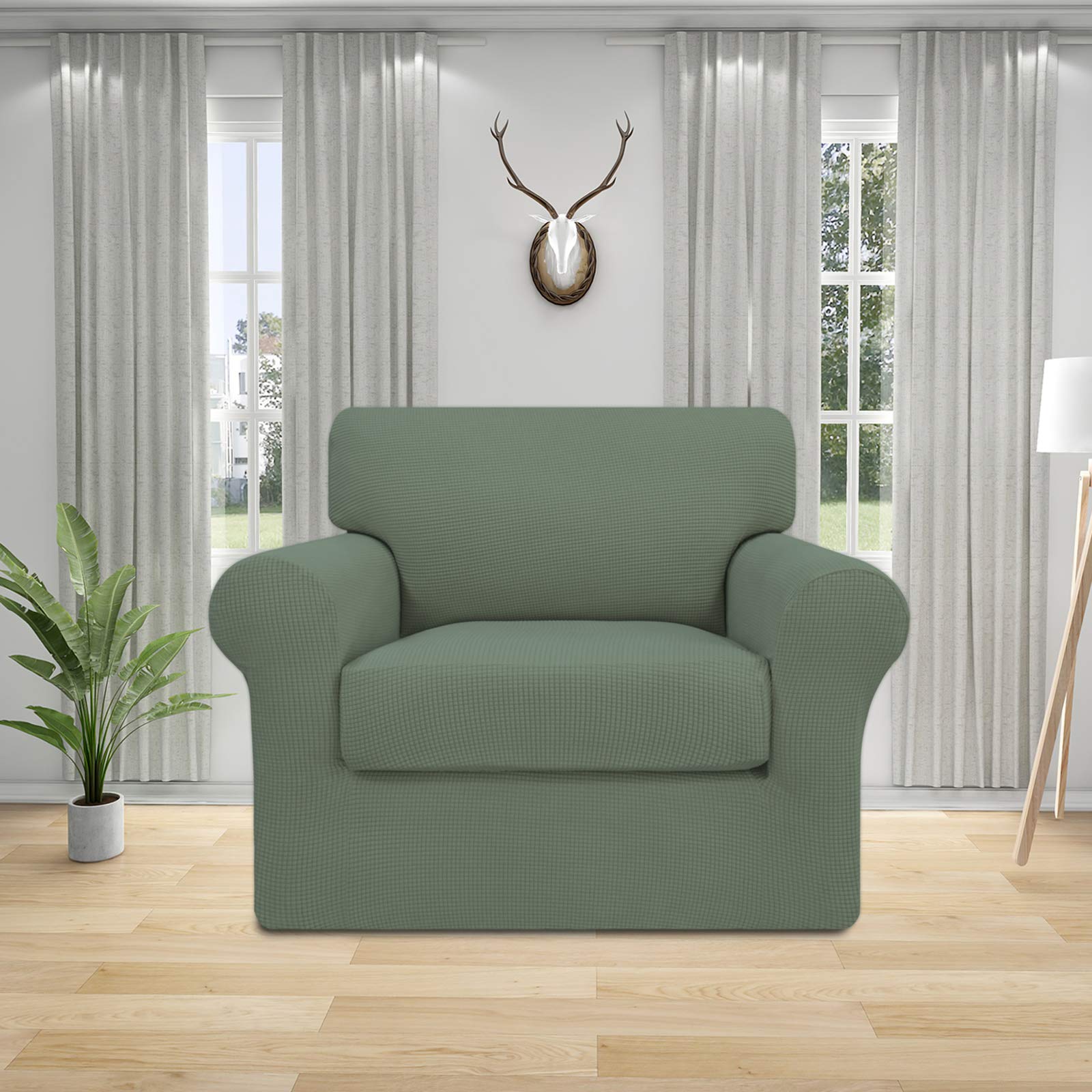 2-Piece Stretch Couch Cover for Dogs & Pets - Washable Sofa Slipcover with Elastic Jacquard Fabric - Protects Furniture from Pets & Kids (Greyish Green, Chair Size) - Perfect for Living Room, Pet-Friendly Homes & Family Use