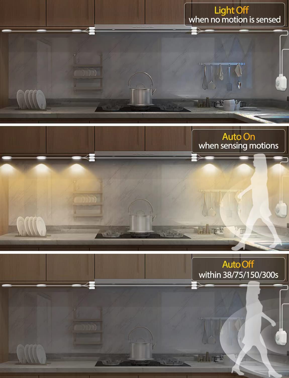 MATICOD Motion Sensor LED Under Cabinet Lights - 3 Pack White Kitchen Cupboard Lighting with Auto On/Off - Perfect for Pantry, Closet, Stairway & Nighttime Safety