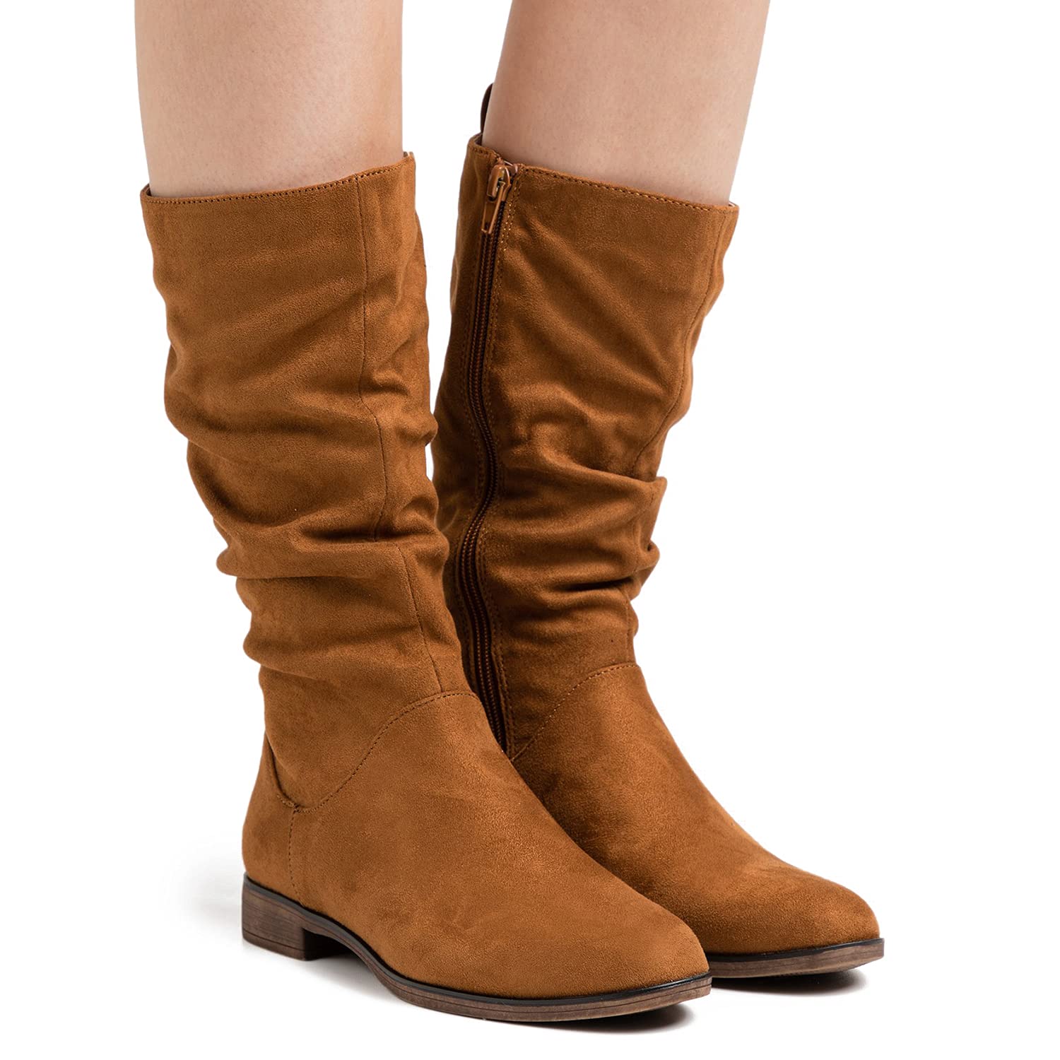 MOOMMO Women's Suede Mid Calf Slouch Boots - Flat Heel Winter Boots with Side Zipper, Round Toe & Wide Calf Design (US 4-13) | Retro Casual Boots for Everyday Wear, Office & Winter Outfits