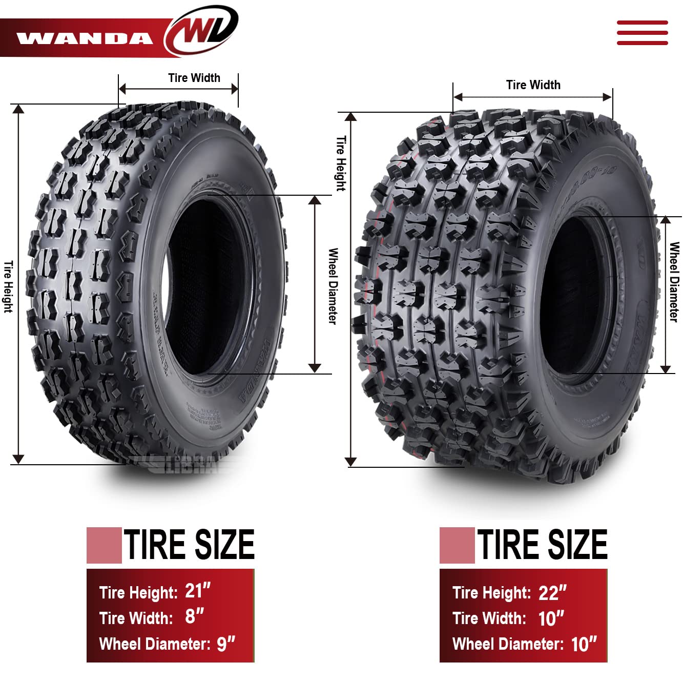 WANDA Set of 4 Sport ATV Tires - 21x8-9 Front & 22x10-10 Rear / 4PR GNCC Race Tires for Off-Road, Trail Riding & Mud Racing | Durable All-Terrain Performance
