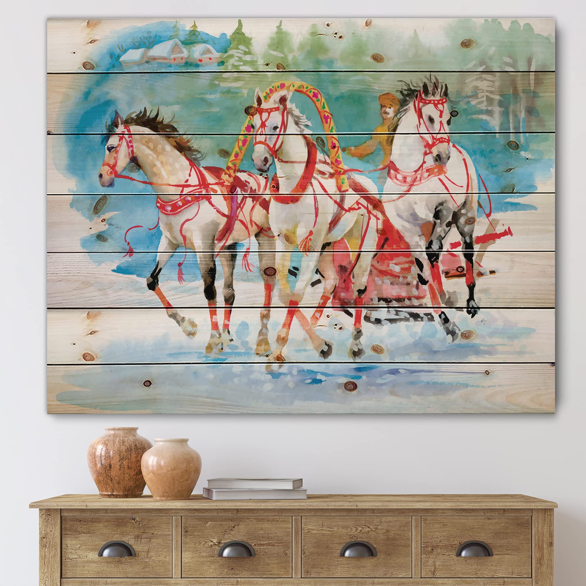 Farmhouse Wood Wall Decor - Galloping Horses with Carriage in Snow Scene, Red Wood Wall Art, Large Animal Wood Panels Printed on Natural Pine | Rustic Home Decor for Living Room, Bedroom, or Cabin