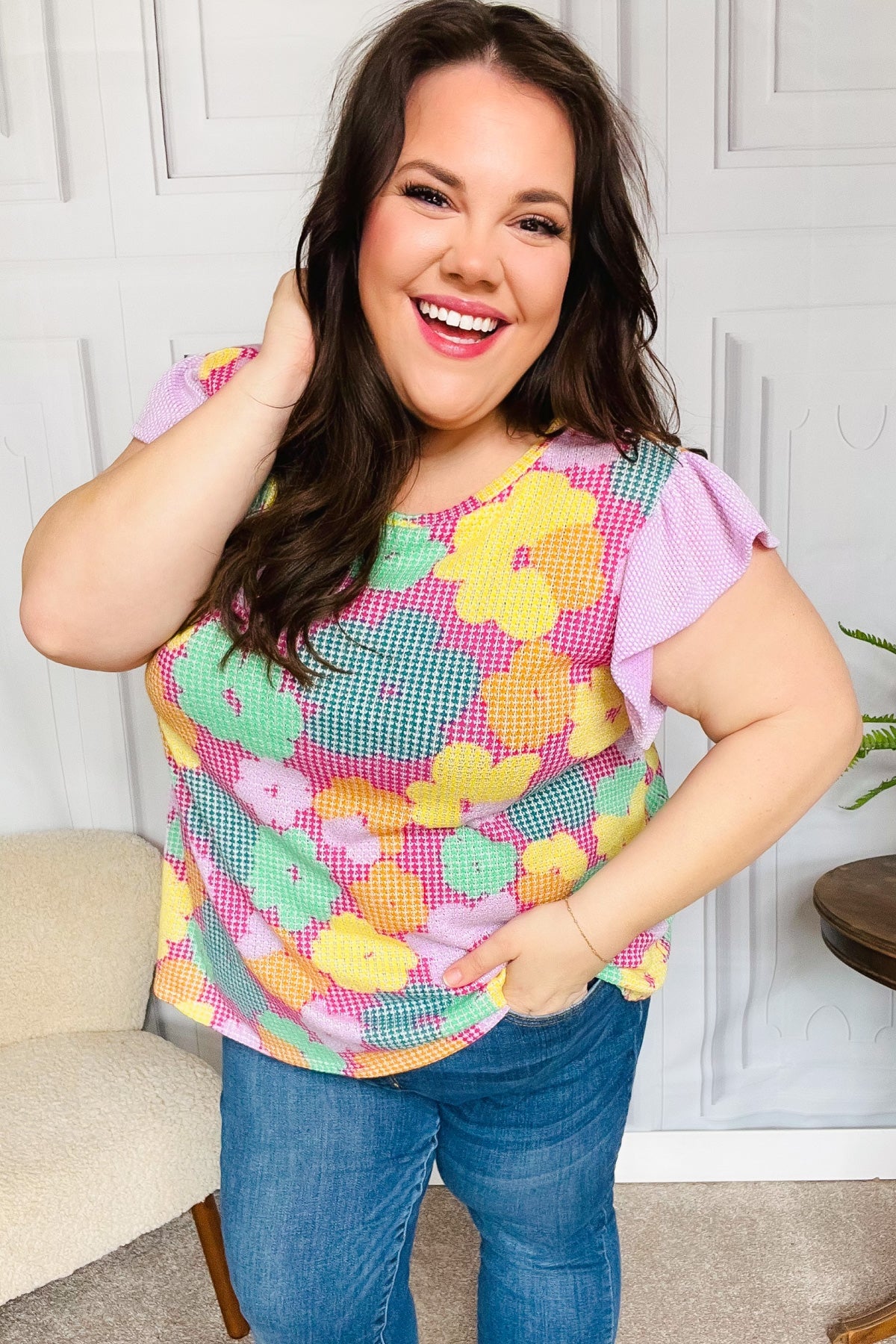 Playful Fuchsia Floral Textured Ruffle Sleeve Top for Women - Trendy Blouse for Casual Outings, Dates & Summer Parties