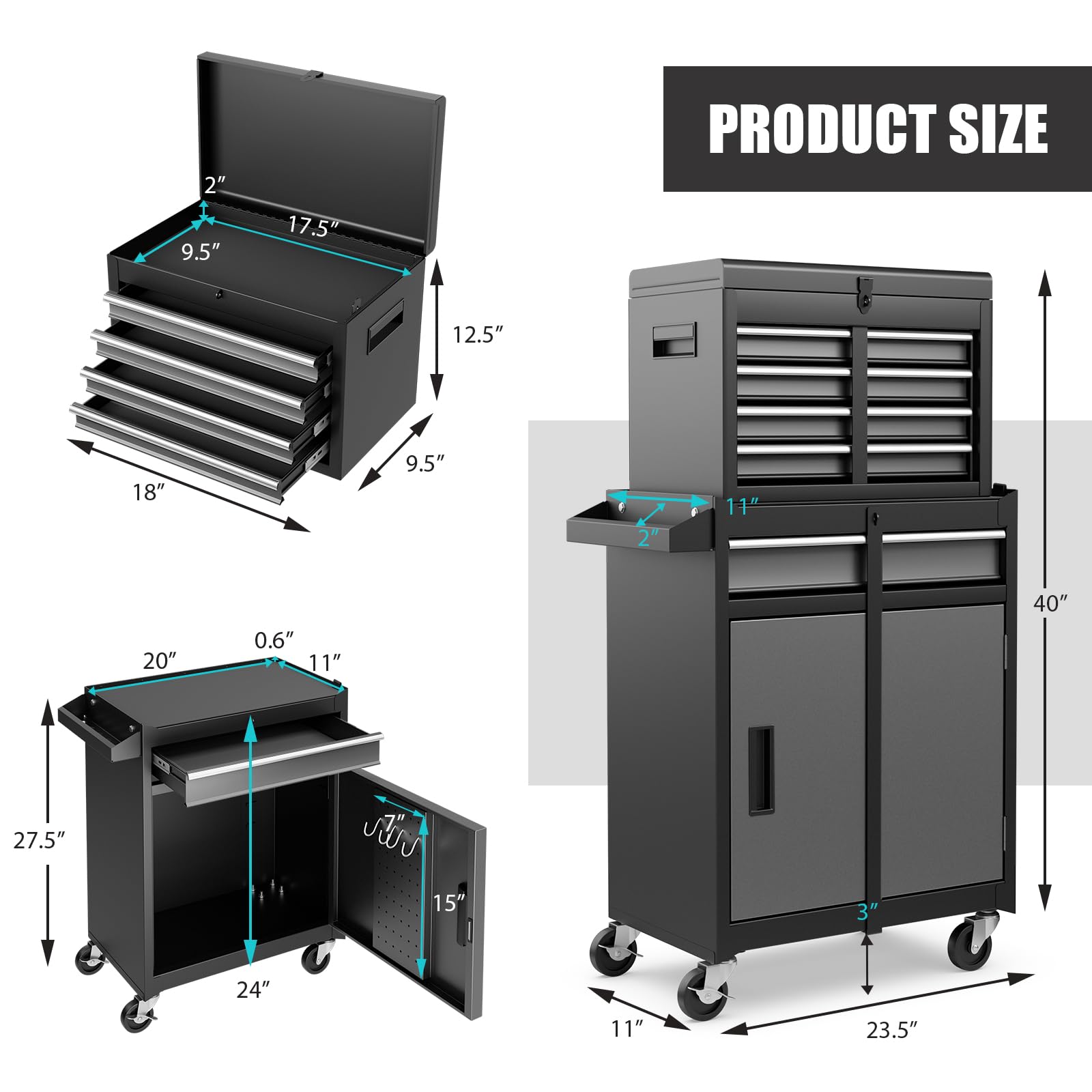 5-Drawer Rolling Tool Chest with Wheels - Heavy Duty Tool Storage Cabinet, Adjustable Shelf & Anti-Slip Liner - Garage Tool Organizer for Workshop, Warehouse & DIY Projects - Perfect for Mechanics, Carpenters & Home Improvement (Gray+Black)