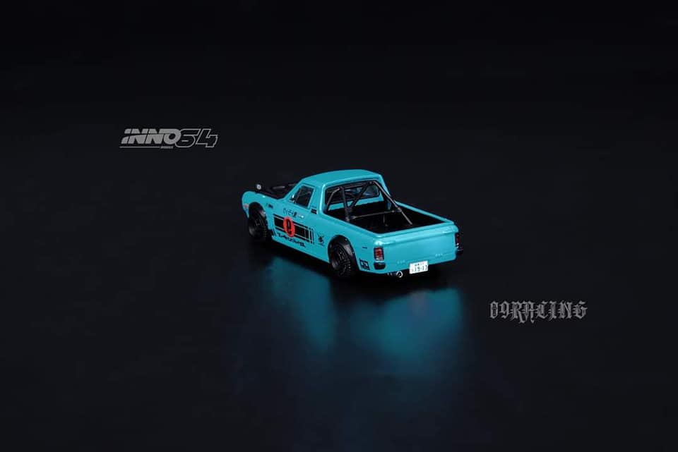 INNO Models 1:64 Scale Nissan Sunny Hakotora Pickup Truck - 09 Racing Edition (Shingo San's Truck) - Diecast Car Collection for Display, Racing Enthusiasts & Anime Fans