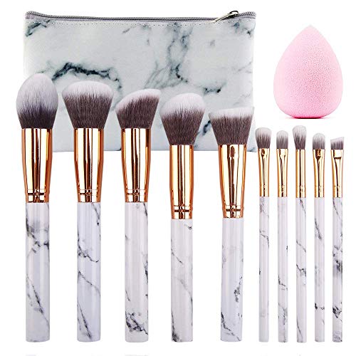 SEPROFE Professional 10-Piece Marble Makeup Brush Set with Beauty Blender & Travel Case - Foundation, Powder, Concealer, Eyeshadow, Contour & Highlighter Brushes for Flawless Makeup Application at Home or On-The-Go