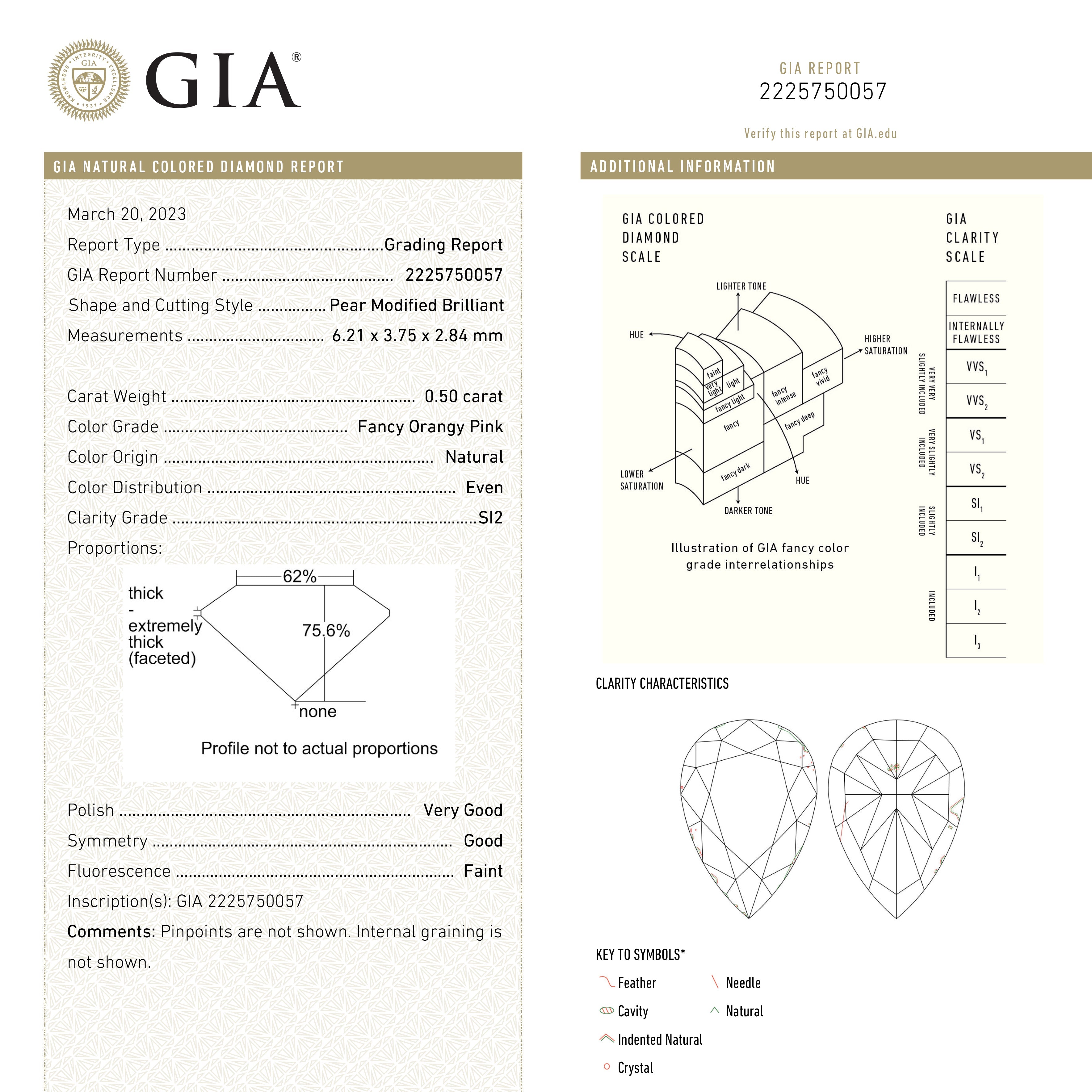 0.50ct GIA Certified Fancy Orangy Pink Pear Diamond (6.21x3.75x2.84mm) - SI2 Clarity, Brilliant Cut - Engagement Ring Center Stone & Jewelry Making