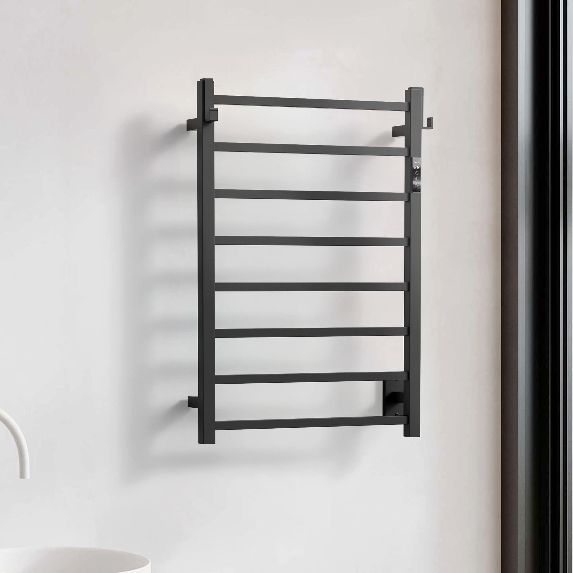 P&Bhusri 8-Bar Heated Towel Rack - Stainless Steel Matte Black Wall Mounted Electric Towel Warmer with Timer for Bathroom | Plug-in or Hard-Wired | Perfect for Spa, Luxury Hotels & Cozy Home Bathrooms