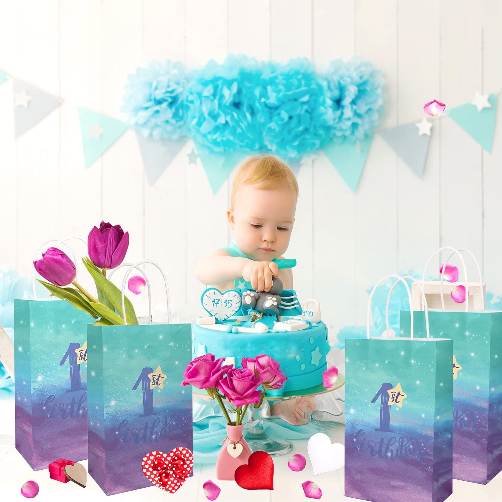 ECOHOLA 1st Birthday Party Gift Bags with Handle - Small Kraft Favor Goodie Bags for Baby's First Birthday Decorations - 9 Inch Tall Kids' Party Supplies - Perfect for Birthday Favors, Baby Showers & Special Celebrations