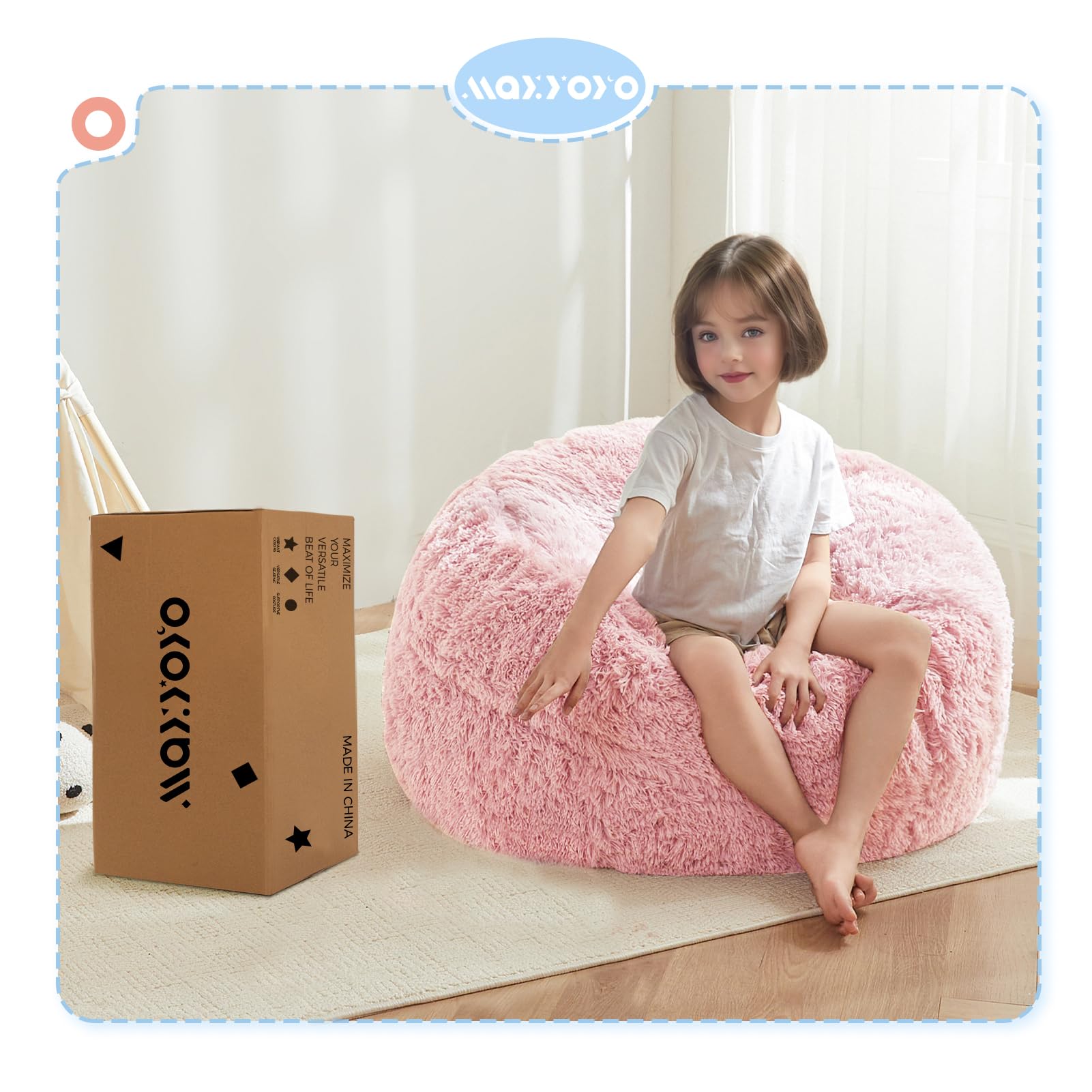 MAXYOYO Kids Bean Bag Chair Bed - Convertible Plush Floor Sofa to Mattress for Boys & Girls, Machine Washable Pink - Perfect for Playrooms, Dorms & Sleepovers