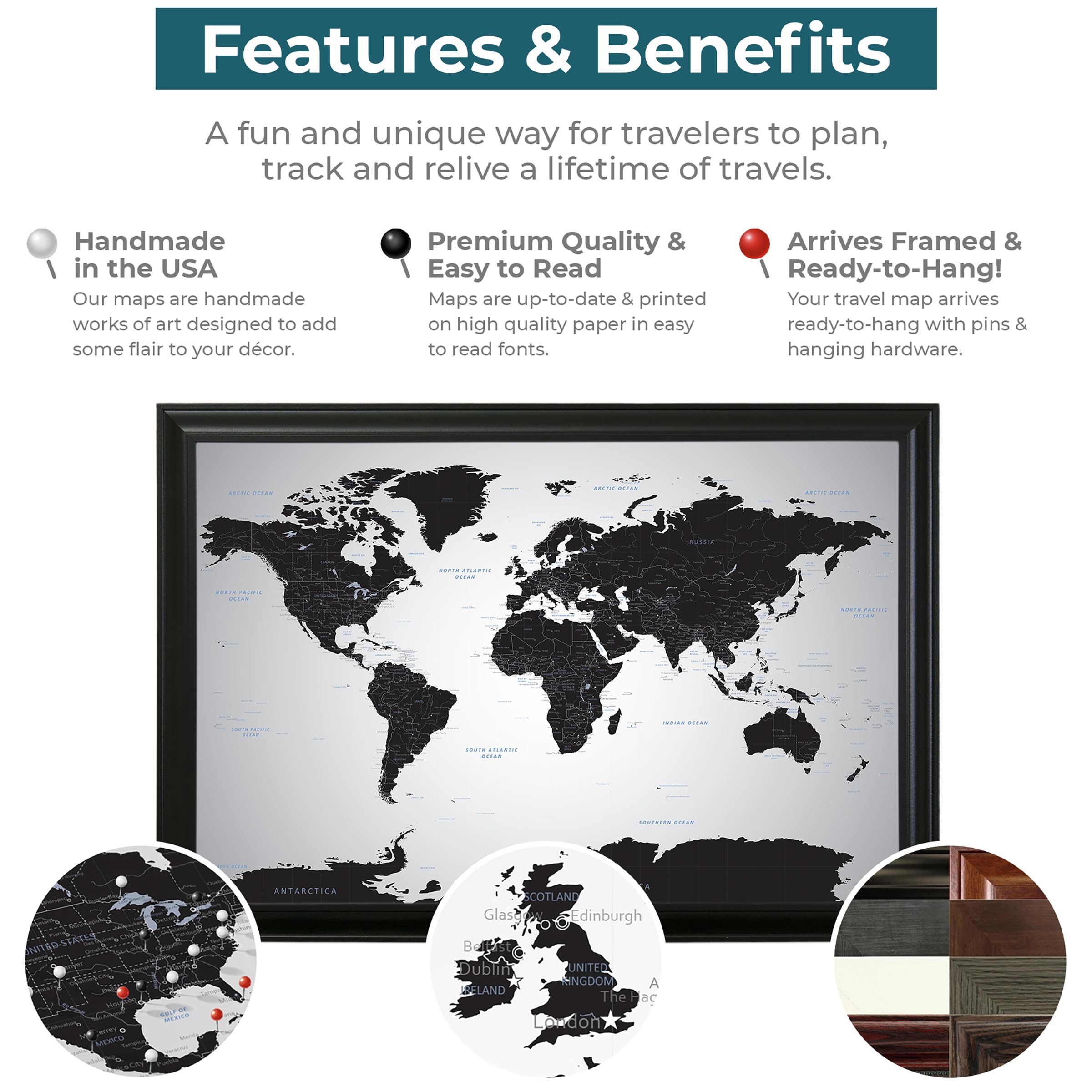 Push Pin Travel Map - Black Ice World - Barnwood Gray Framed Pin Board for Tracking Adventures - 27.5