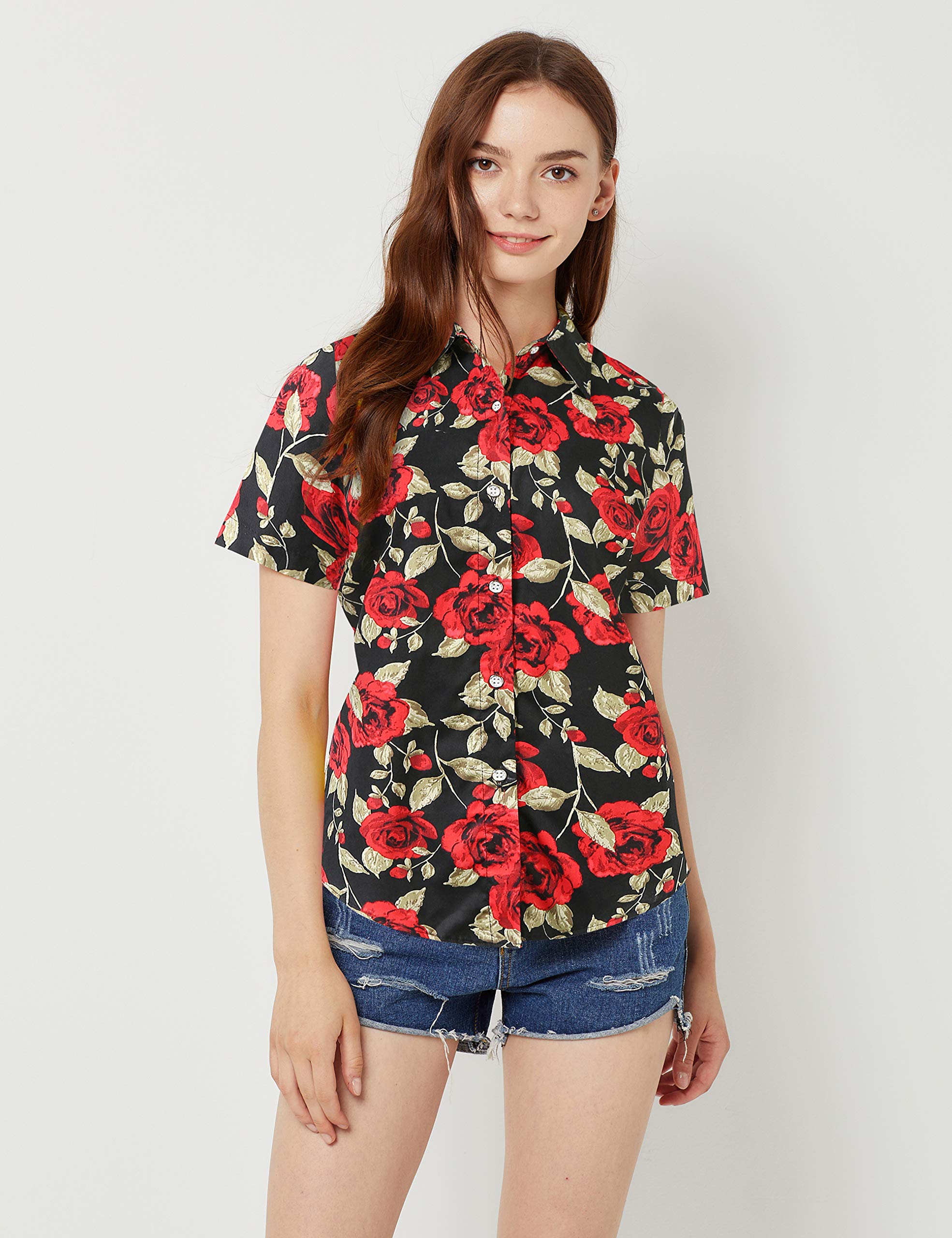 SSLR Women's Hawaiian Shirts - Short Sleeve Casual Button Down Blouses for Women | Beach Vacation, Summer Party & Tropical Outfit