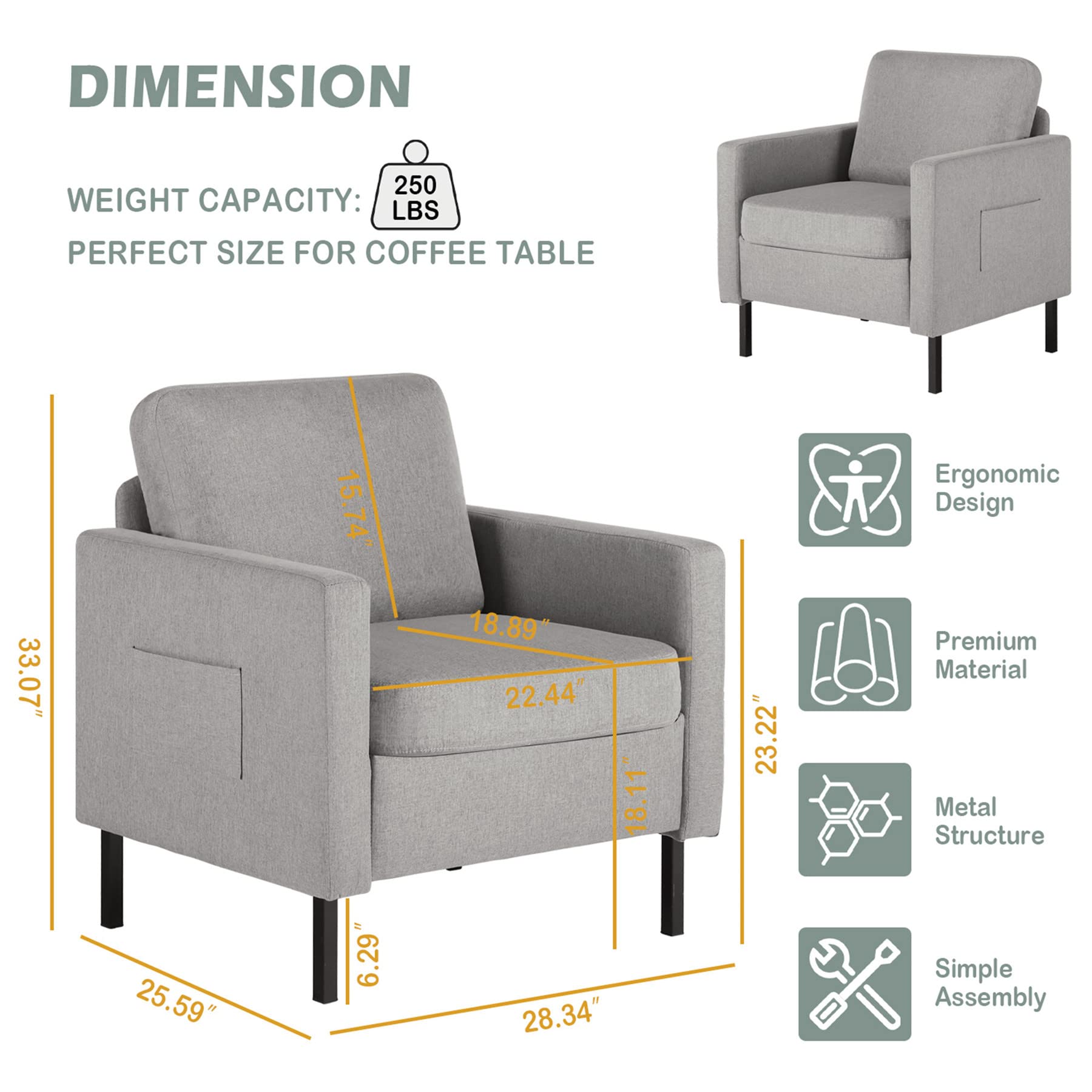 STHOUYN 2-Piece Fabric Accent Chair Set - Comfy Small Armchair for Living Room, Bedroom, Office & Reading Nook - Space-Saving Design in Light Grey - Perfect for Apartments, Dorms & Cozy Corners