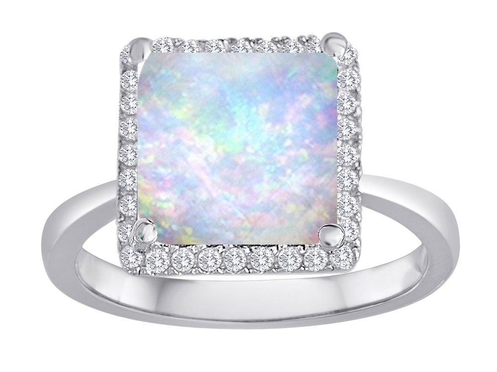 Sterling Silver Simulated Opal Halo Ring - Square Cut Star K Design for Women | Elegant Jewelry Gift for Anniversary, Wedding & Special Occasions