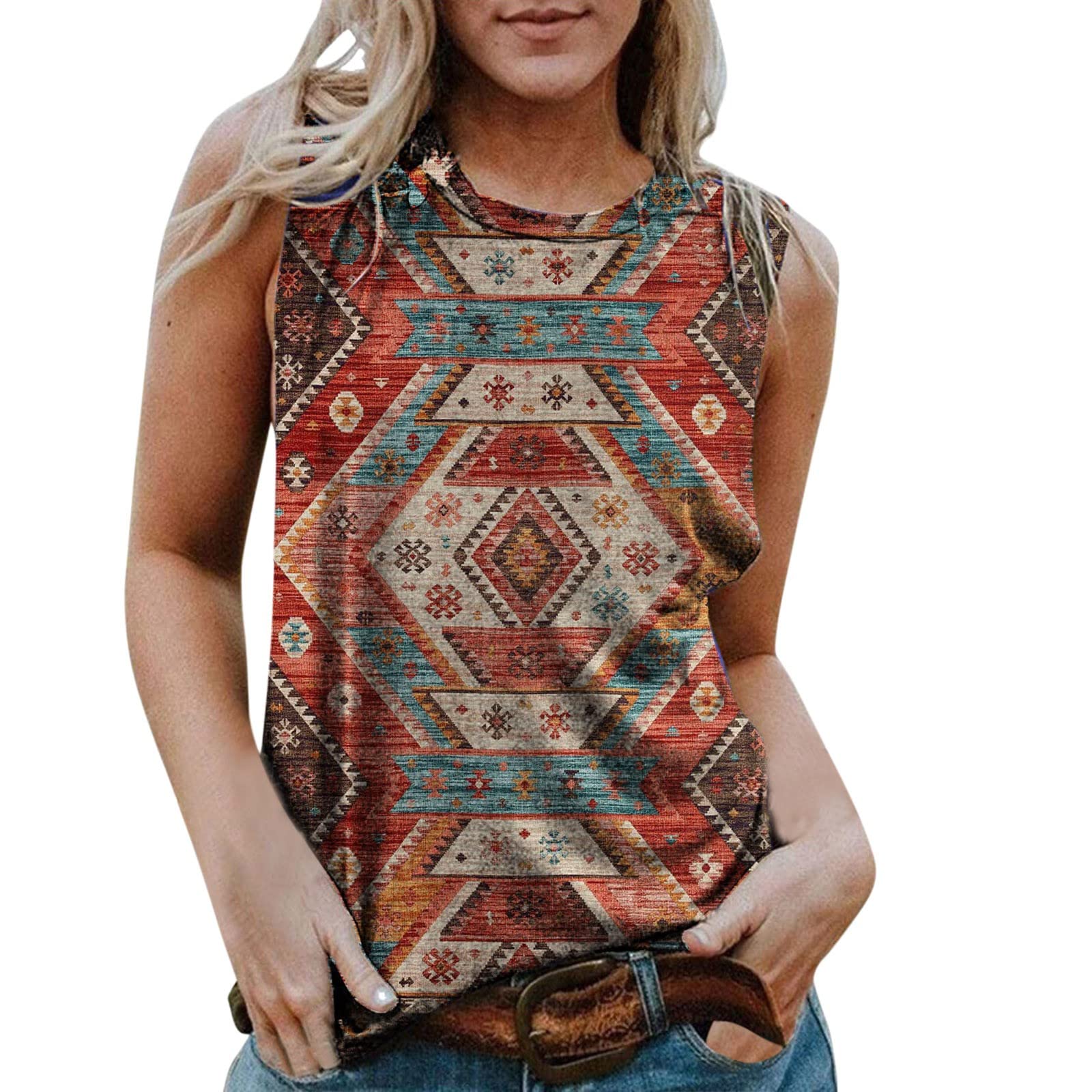 Women's Sleeveless Cami Tunics - Casual Aztec Print Round Neck Shirts, Loose Splice Vest Tops for Summer Outfits | Perfect for Beach, Vacation & Boho Style Fashion