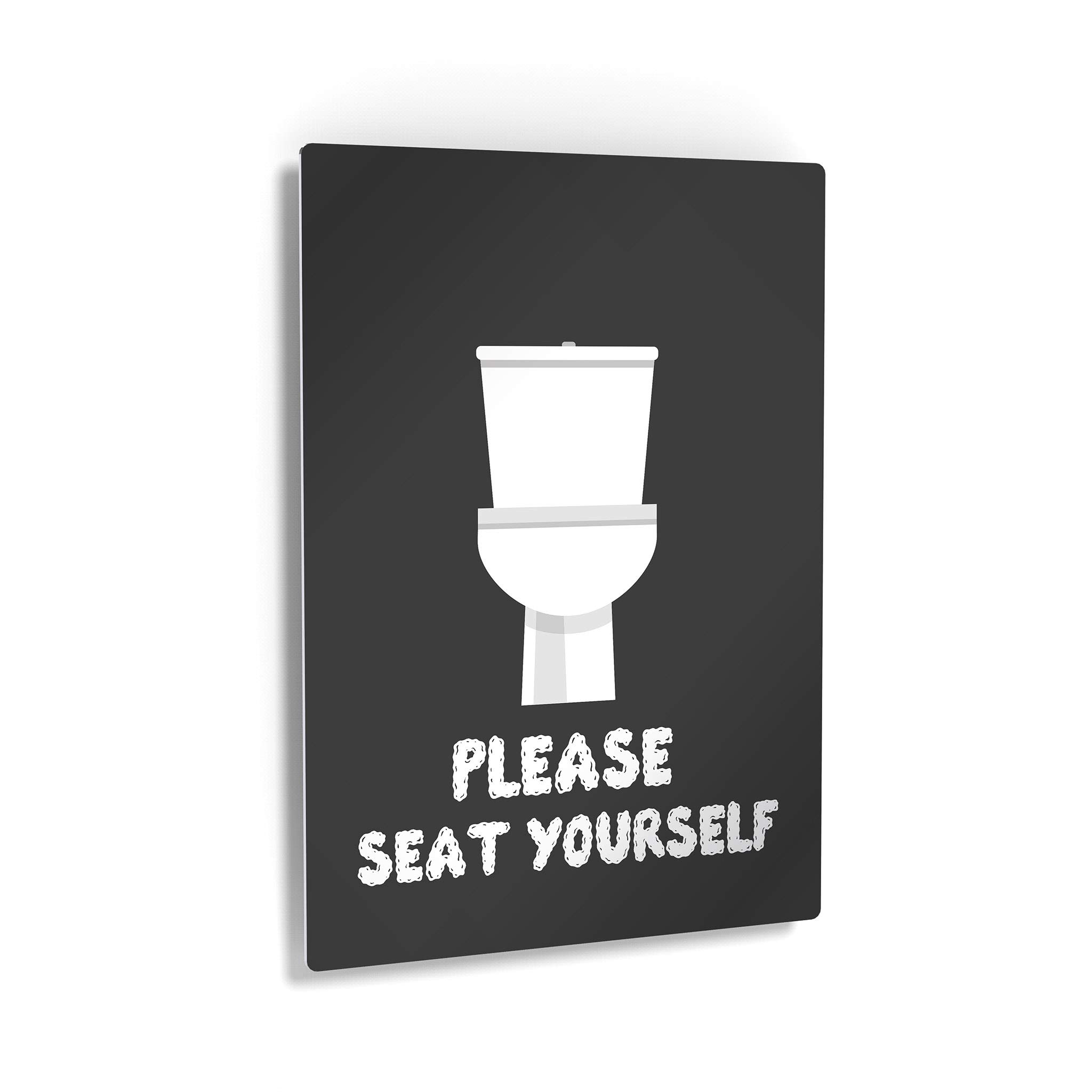 Funny Bathroom Sign - 'Please Seat Yourself' Metal Print Wall Art | 24x16 Inches | Ready to Hang Bathroom Decor | Humorous Toilet Wall Art for Home Decoration | Made in USA | Perfect for Powder Rooms, Guest Baths & Home Decor Gifts