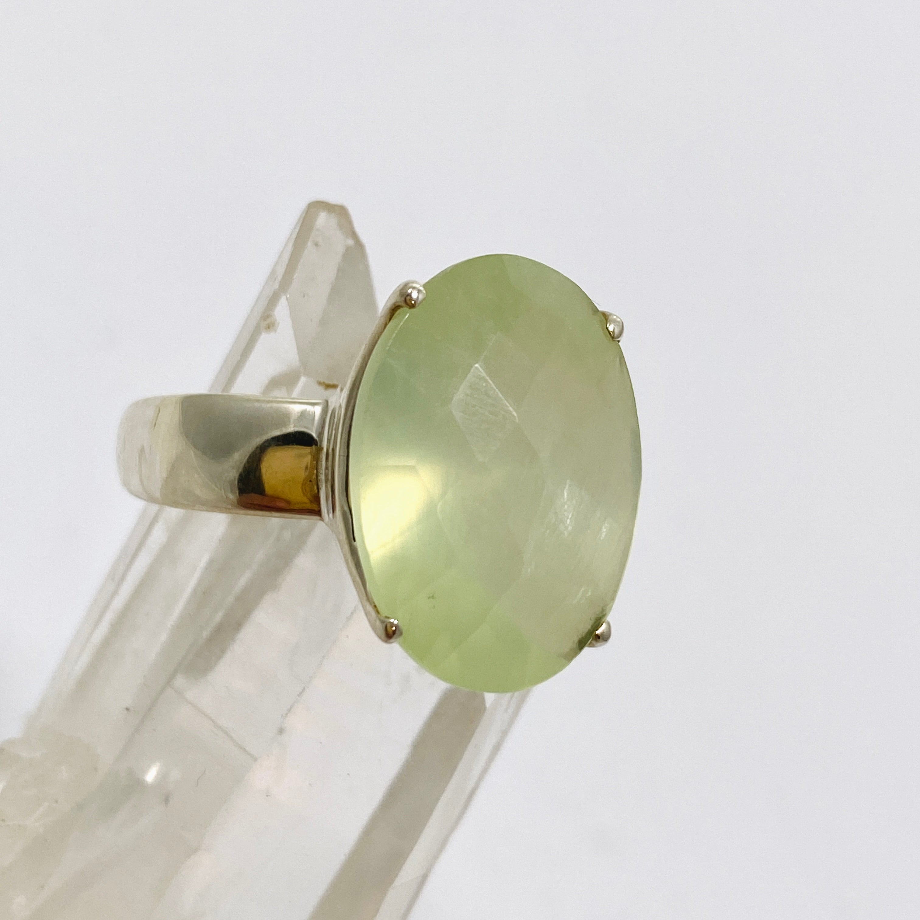 Prehnite Oval Checkerboard Faceted Ring Size 9 - Dainty Gemstone Jewelry for Women - Perfect for Engagement, Wedding & Everyday Wear