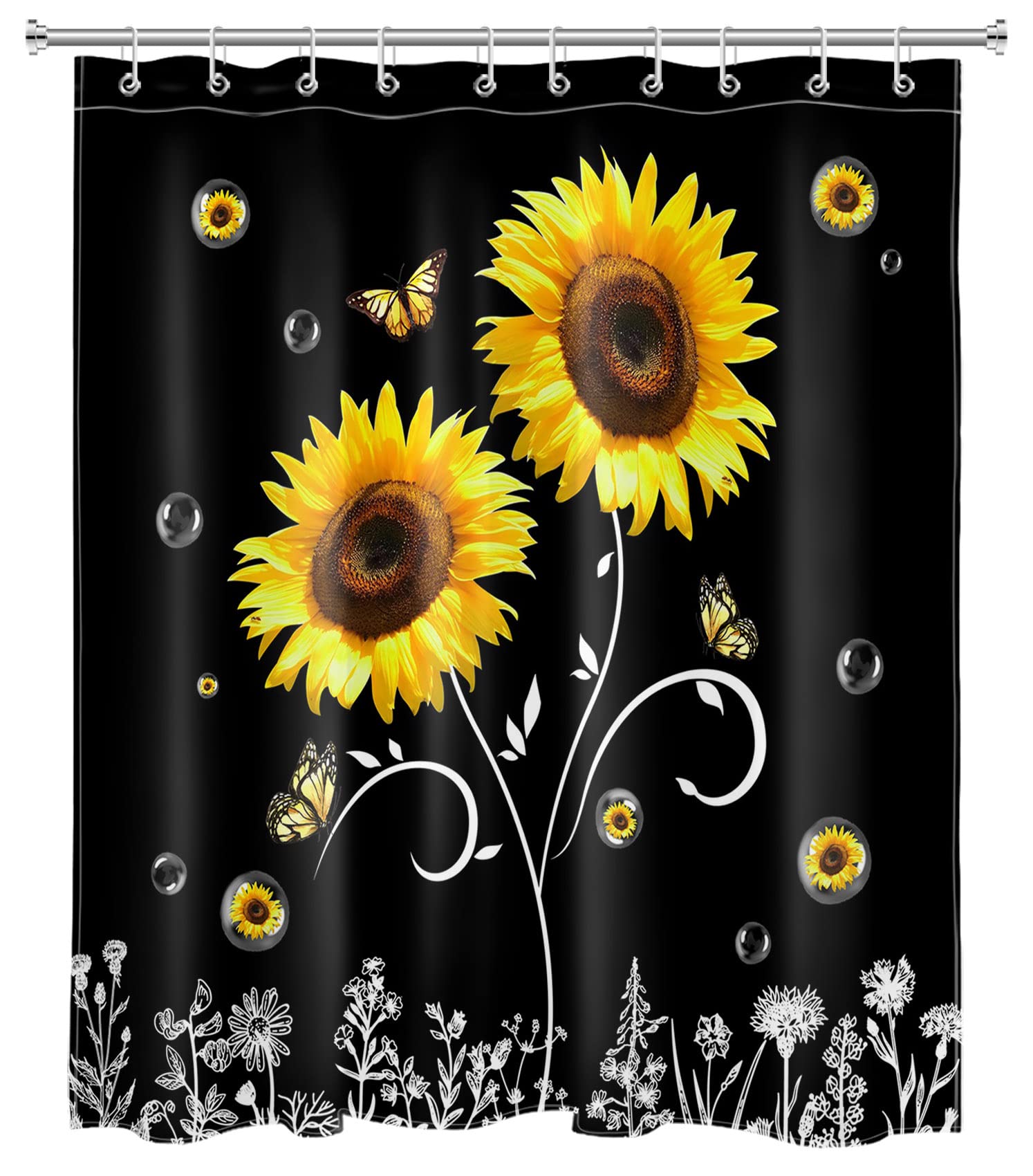 HVEST Sunflower Shower Curtain - Yellow Butterfly Floral Bathroom Decor with Hooks, 60x72 Inch Boho Botanical Polyester Fabric Bath Curtain for Spa-Like Shower Experience | Waterproof & Easy to Clean