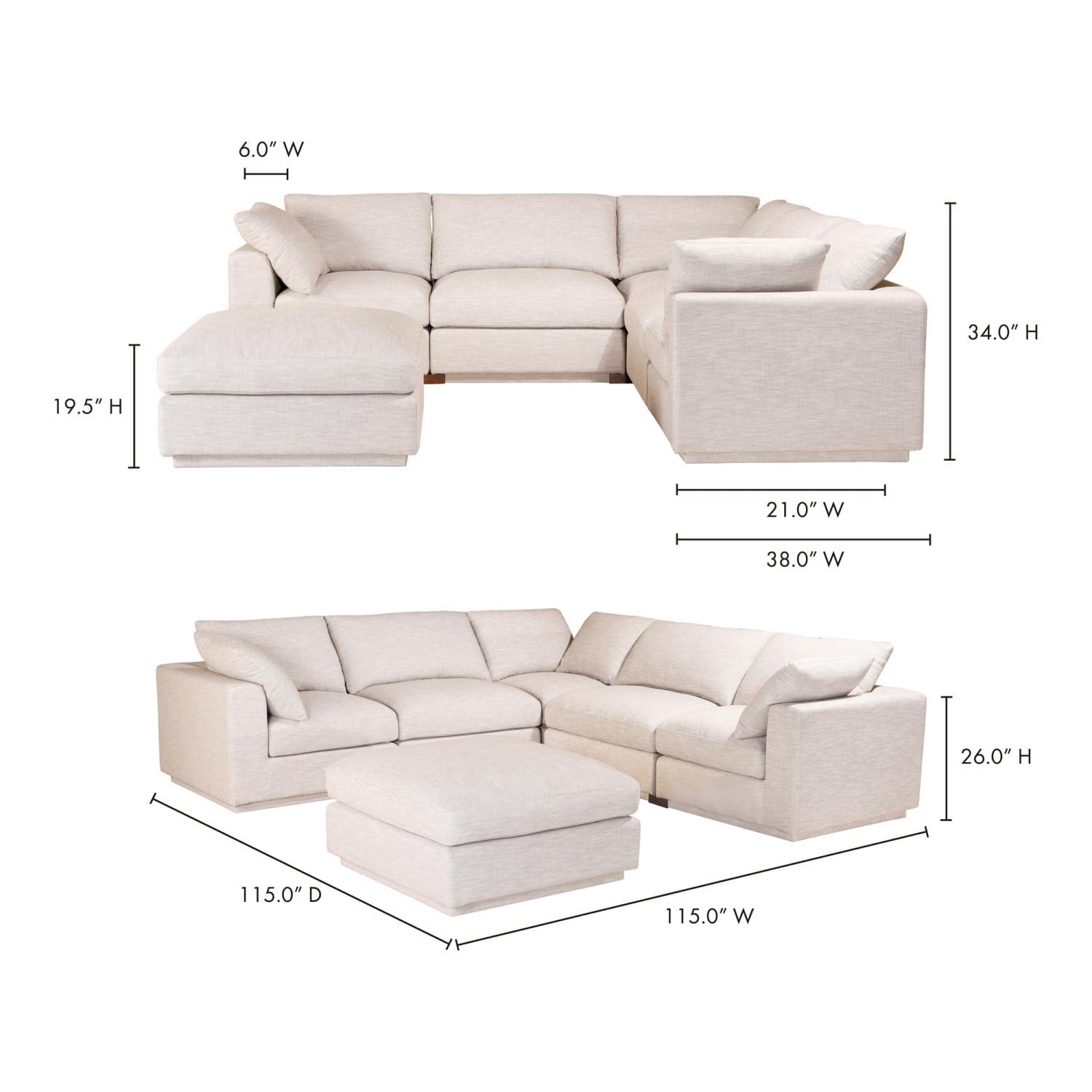 Moe's Home Collection Justin Signature Modular Sectional Sofa - Light Grey Fabric - Modern L-Shaped Couch for Living Room, Family Room & Home Theater