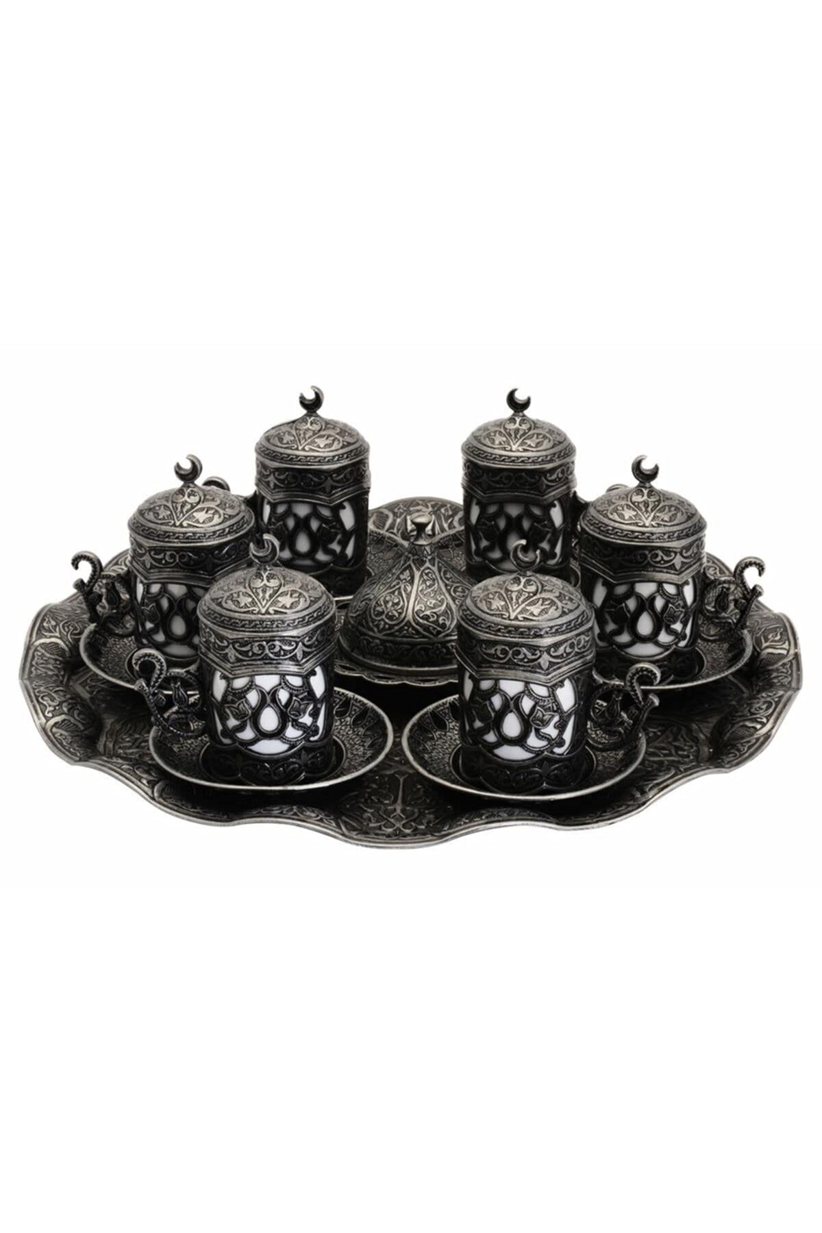 Premium Turkish Greek Arabic Coffee Cup & Saucer Set - 6 Porcelain Espresso Cups with Dark Silver Finish - Perfect Gift for Coffee Lovers, Ideal for Home, Office & Traditional Coffee Ceremonies