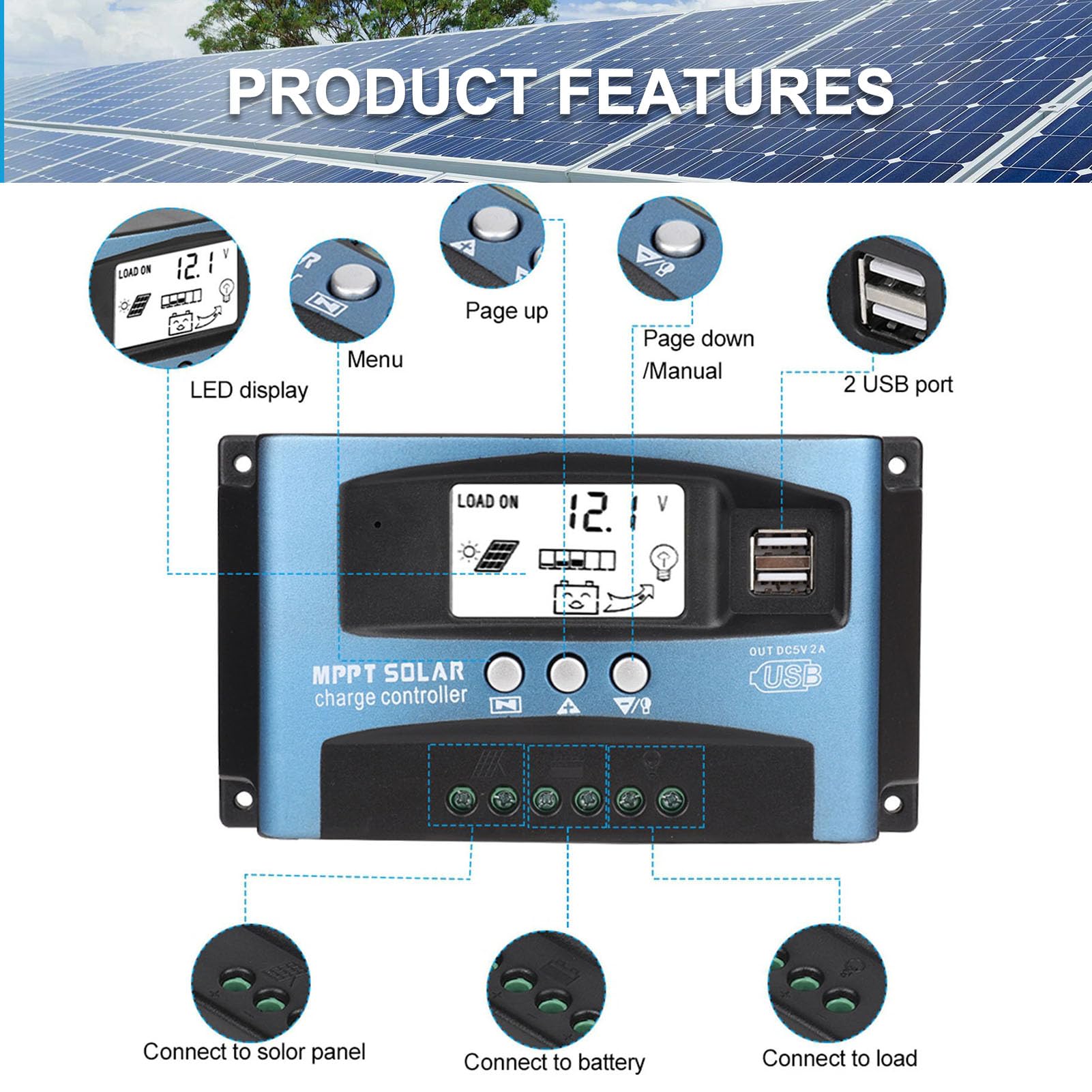 100A MPPT Solar Charge Controller for 12V/24V Batteries - Dual USB Ports, LCD Display, Intelligent Regulator for Solar Panels | Perfect for RV, Marine, Off-Grid & Home Solar Systems