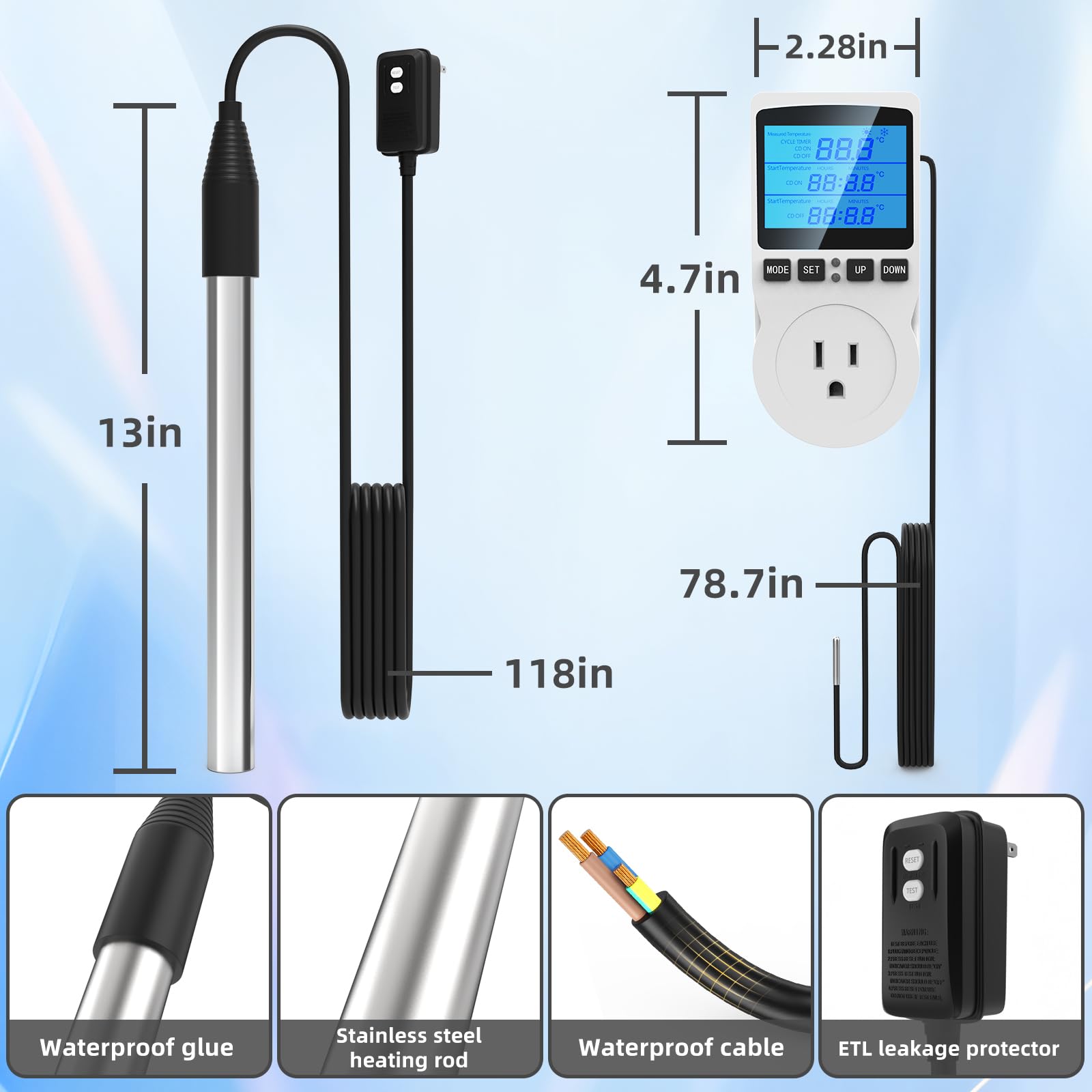 1800W Submersible Water Heater for Pools - Adjustable Thermostat & GFCI Protection - Perfect for Above Ground Pools, Inflatable Pools, Stock Tanks & Bathtubs - Fast Heating Immersion Heater for Swimming & Outdoor Water Use