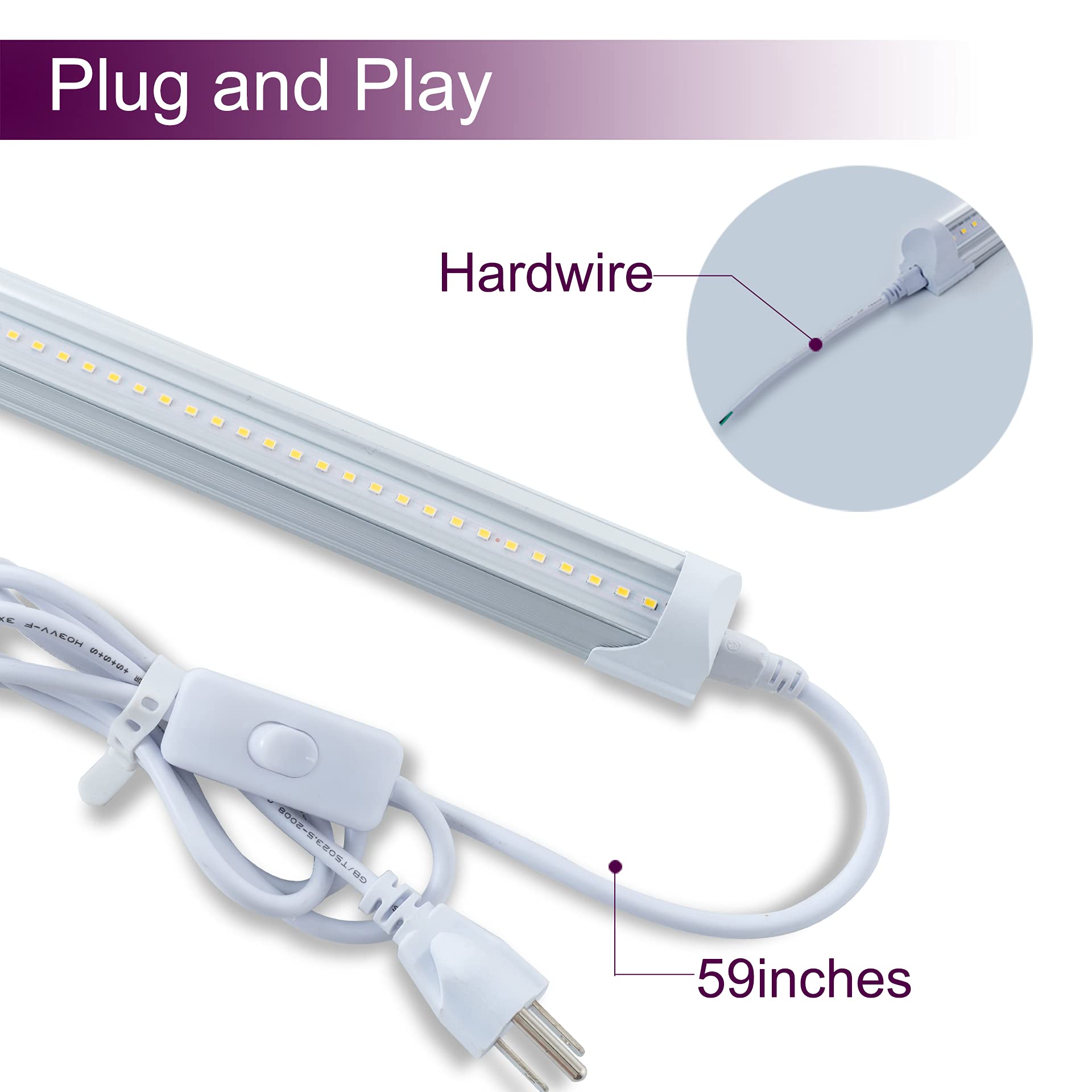 24 Pack 2FT 10W 6000K Daylight White LED Shop Lights - Linkable T8 Integrated Tube Lights with Clear Cover & On/Off Switch - Perfect for Garage, Workshop, Workbench, Kitchen Under Cabinet Lighting and Commercial Spaces