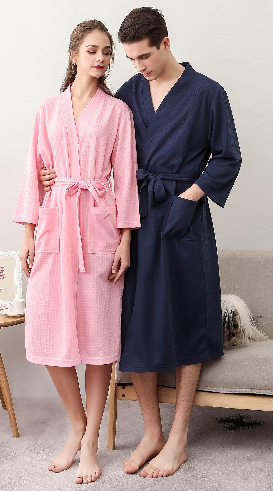 Cromoncent Women's Knee Length Soft Lightweight Waffle Spa Robe Kimono Bathrobe - Unisex Cotton Loungewear for Home, Spa & Beach Relaxation