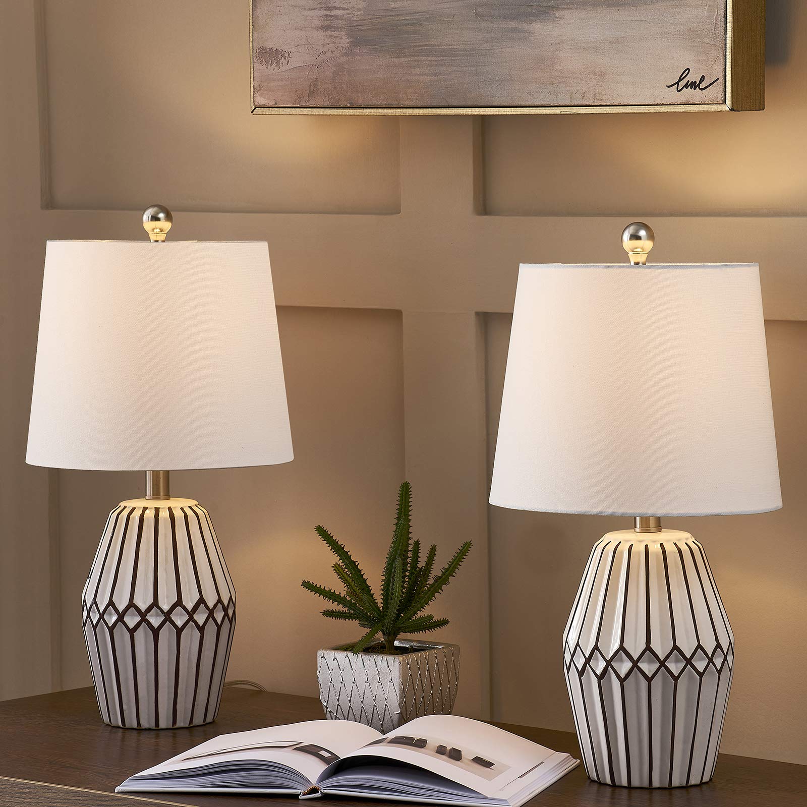 Maxax Ceramic Table Lamps Set of 2 - White Irregular Geometric Bedside Desk Lamps with White Fabric Shade, Farmhouse Nightstand Lighting for Living Room, Bedroom, Office & Dorm Decor