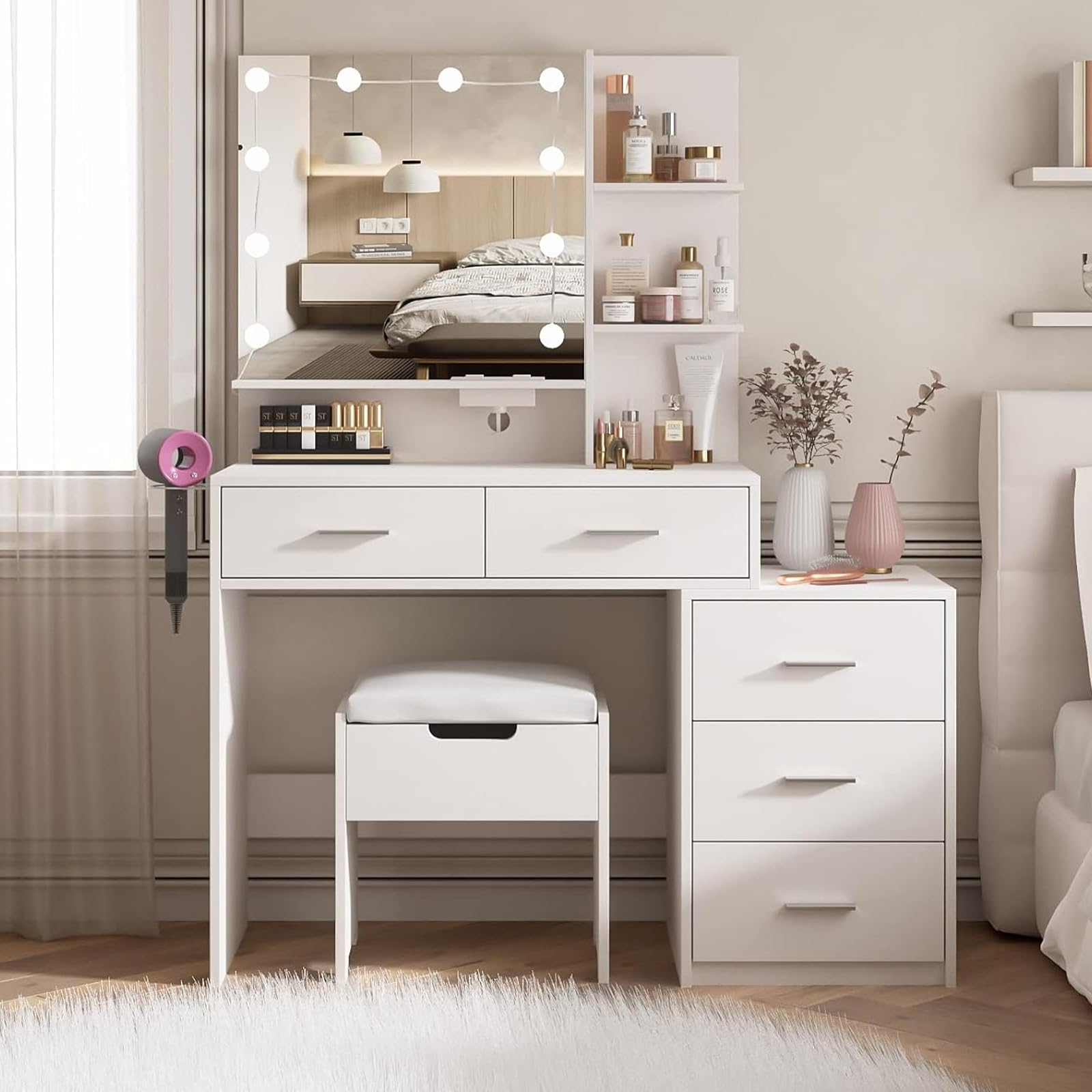 Modern Vanity Desk with LED Mirror & Charging Station - 5 Drawers, 2 Open Shelves & Storage Stool - White Makeup Dressing Table for Bedroom | Perfect for Beauty Routines, Small Space Organization & Bedroom Decor