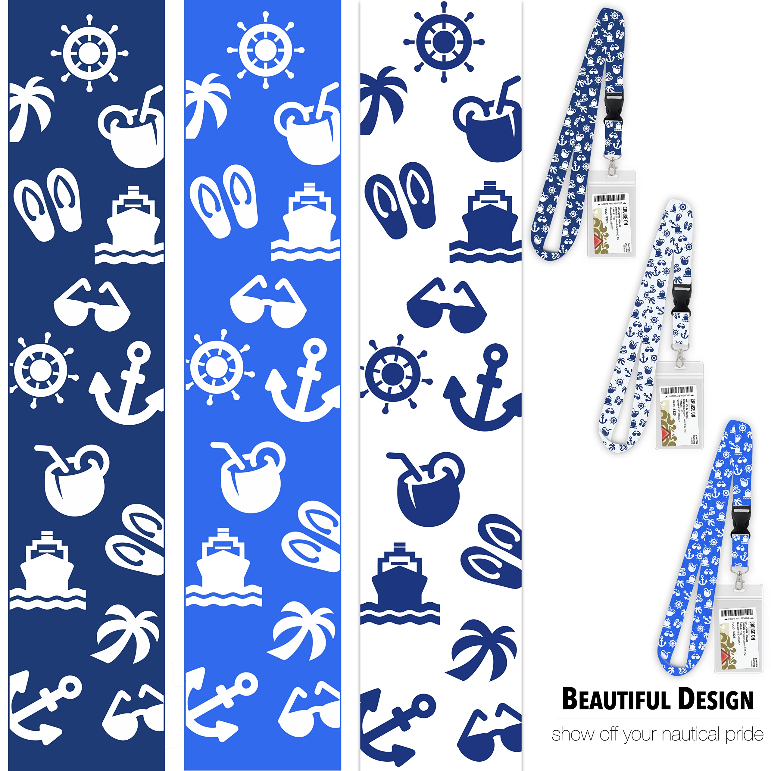 Cruise Lanyard with ID Holder & Badge Reel - 3 Pack for Ship Cards (Blue, Royal Blue, White) - Perfect for 2023-2025 Cruises
