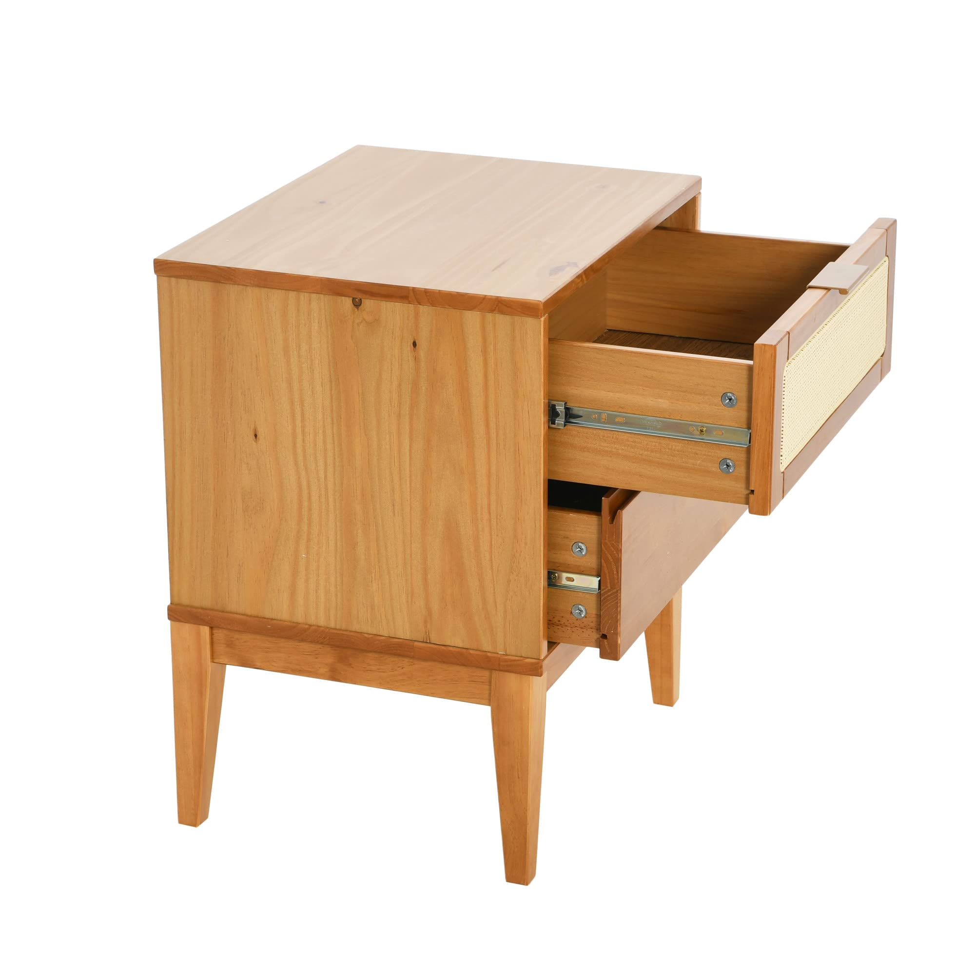 Creative Co-Op Crawford Solid Wood Nightstand with 2 Storage Drawers & Cane Detail - Light Brown Finish - Bedroom Furniture for Small Spaces, Modern Farmhouse Decor