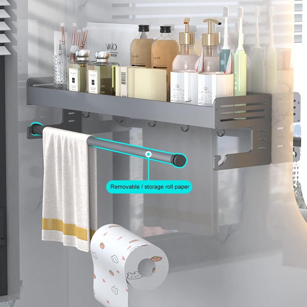 Rustproof Aluminum Alloy Bathroom Shelf Organizer - 40cm Shower Caddy with Hooks & Towel Rack for Toiletries Storage | Space-Saving Bathroom Organizer for Cosmetics, Soaps & Essentials | Perfect for Small Bathrooms, Apartments & Dorm Rooms (Gray)